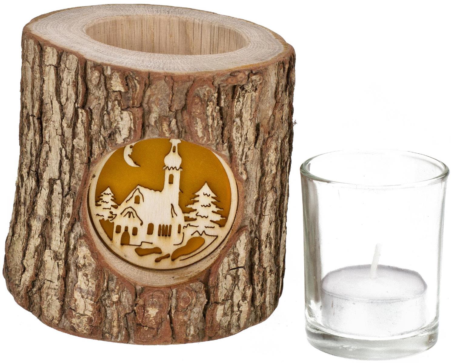 Holz Windlicht mit Rinde und hinterleuchteten Motiv Stimmungsleuchter Kirche