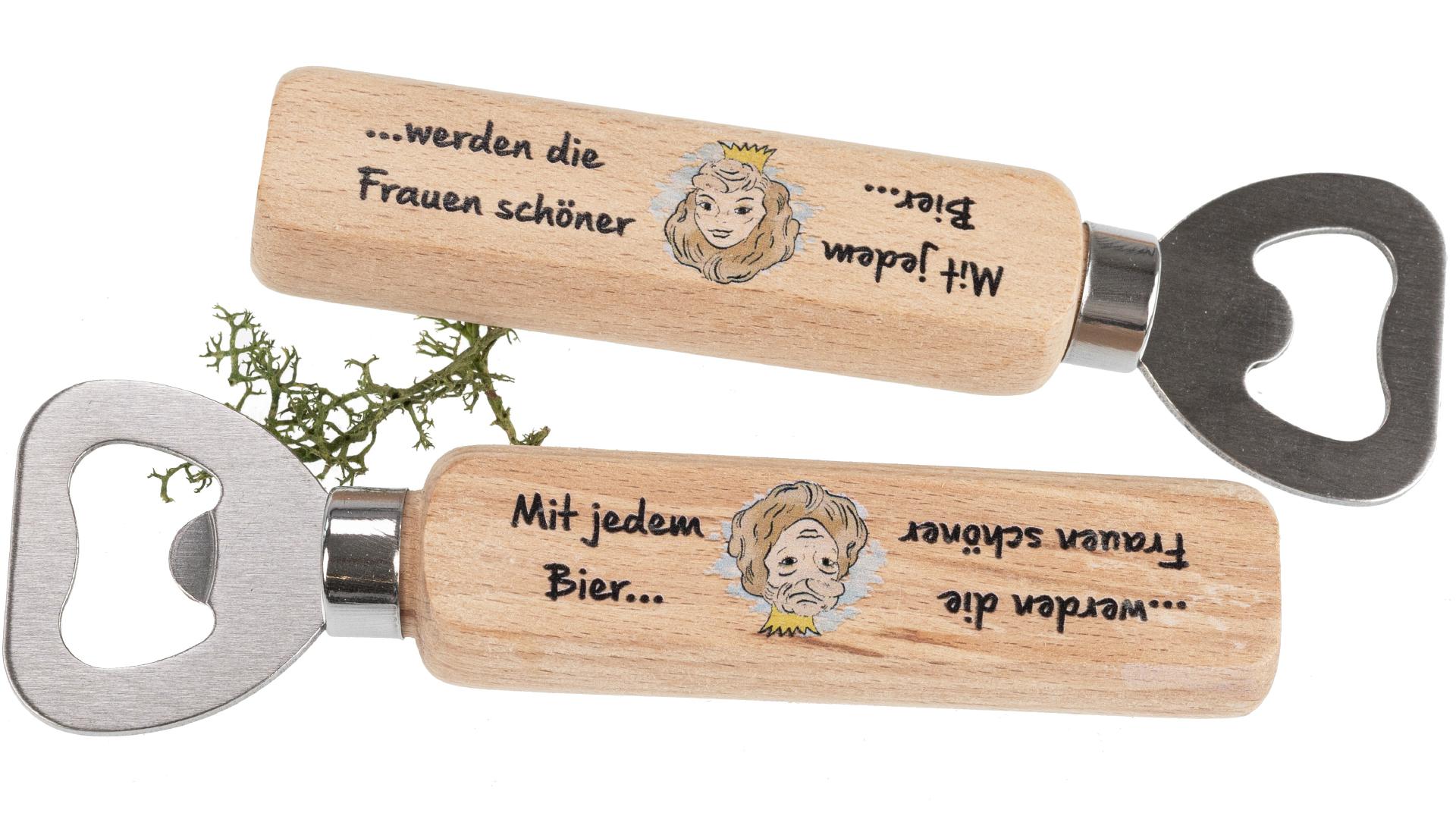 Flaschenöffner aus FSC® Buche mit Druck: Mit jedem Bier werden die Frauen
