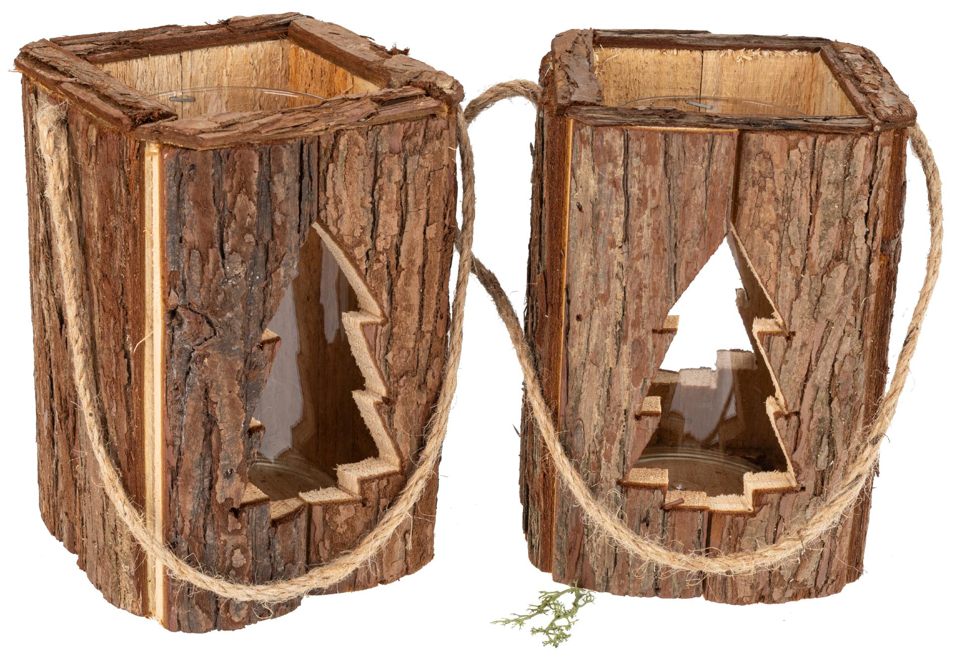 Rustikale Holz Laterne mit Rinde und Glaszylinder - Ausschnitt Tanne 18x12 cm