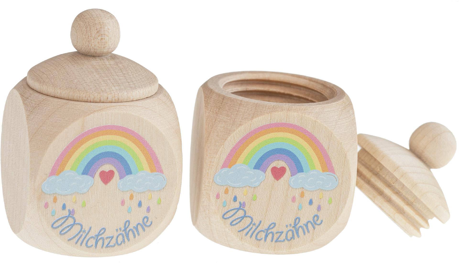 Ahornholz Milchzahndose mit UV Druck Regenbogen Zahnbox zur Aufbewahrung von Kinderzaehnen