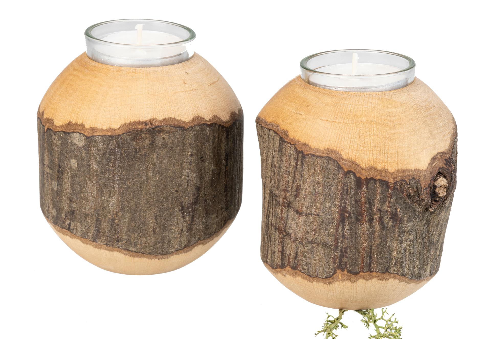 Gedrechselte Holzkugel mit Glas und Teelicht - Erle geölt mit Rinde ca. 9 cm