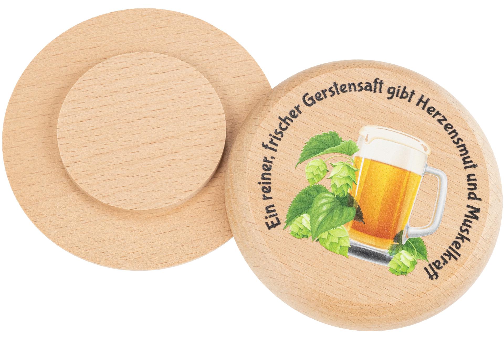 Bierdeckel aus Buchenholz mit Buntdruck Ein reiner frischer Gerstensaft gibt Herzensmut und Muskelkraft