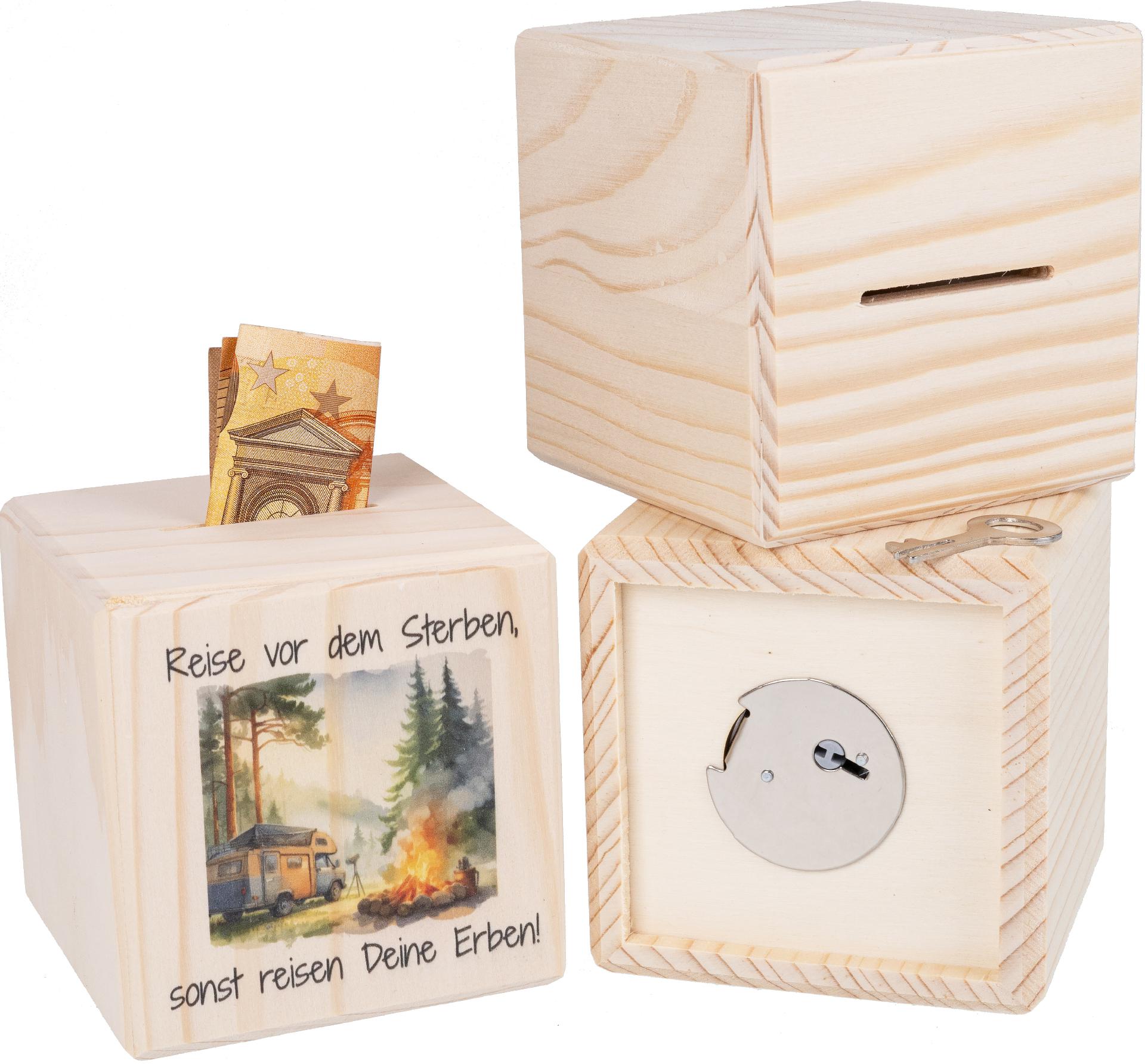 Holz Spardose Würfel 10 cm mit Metallschloss mit Ihrem Digitaldruck individualisiert