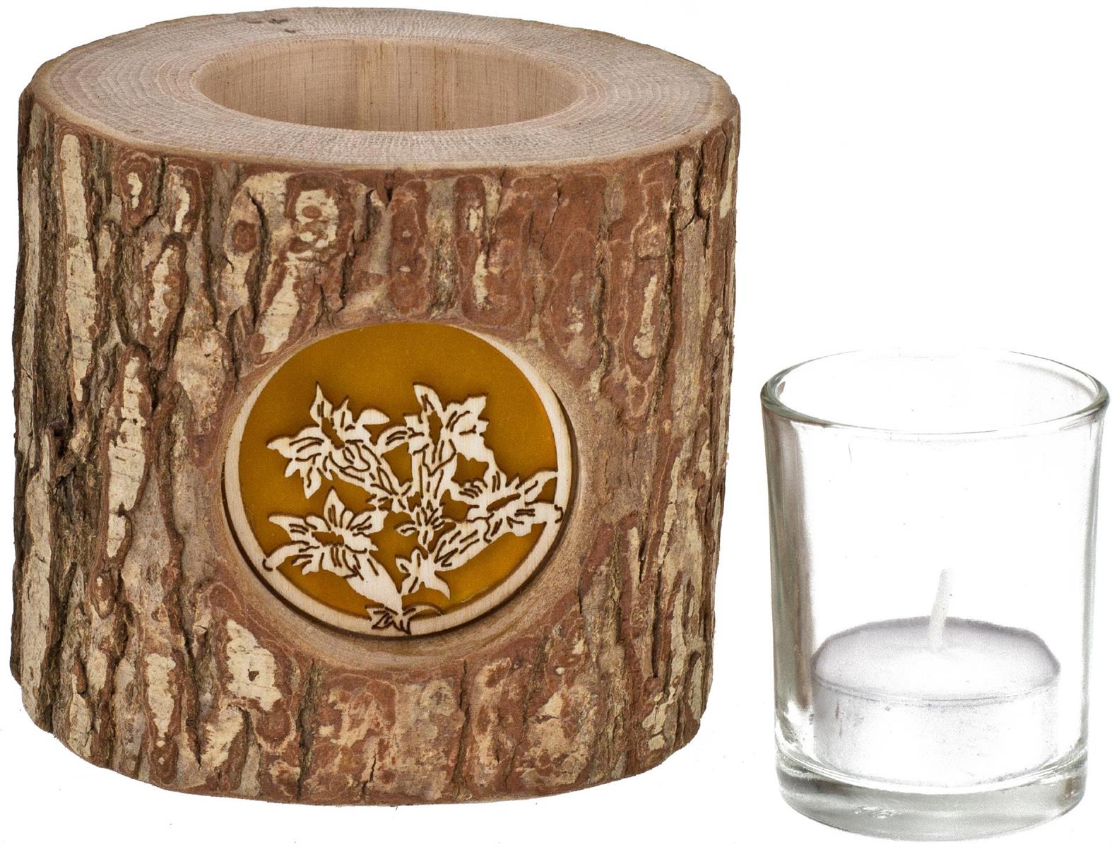 Holz Windlicht mit Rinde und hinterleuchteten Motiv Stimmungsleuchter Enzian