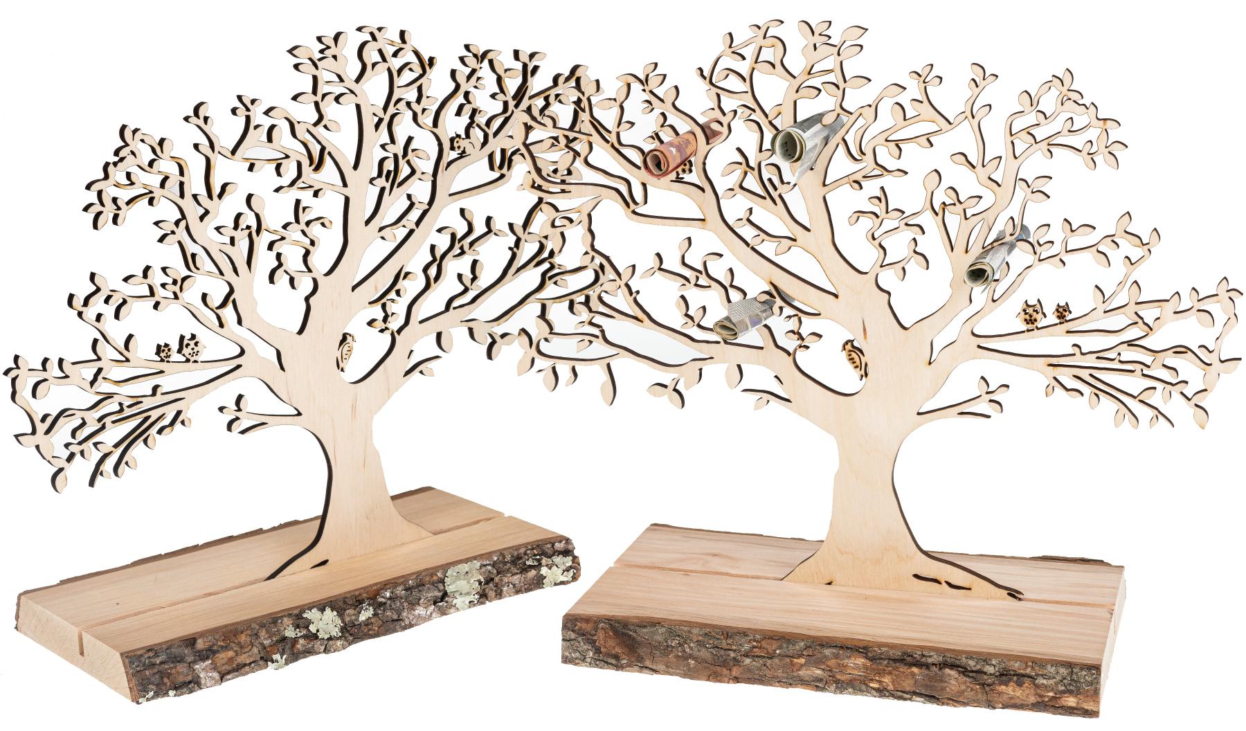 Holz Geldbaum auf Rustikalem Erle Sockel mit Natürlicher Rinde - 26x23 cm