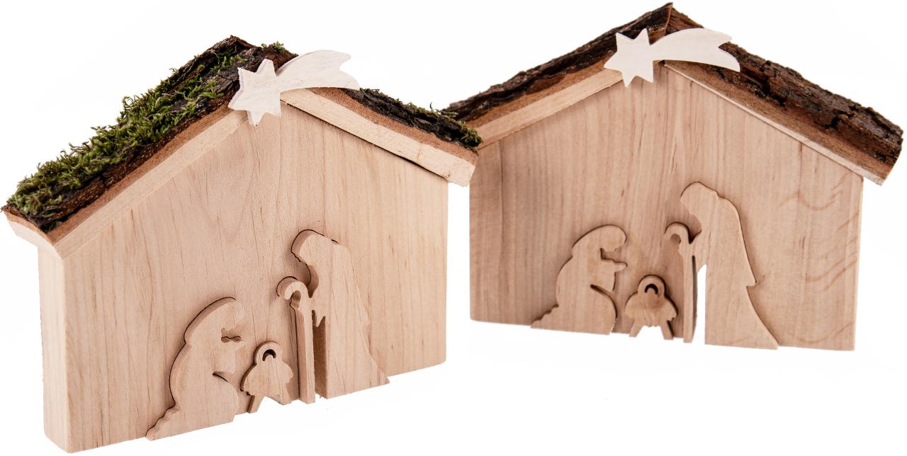 Handgefertigte Holz Krippe mit Rindendach und ausschiebbarer Heiliger Familie - perfekt für die Weihnachtsdekoration
