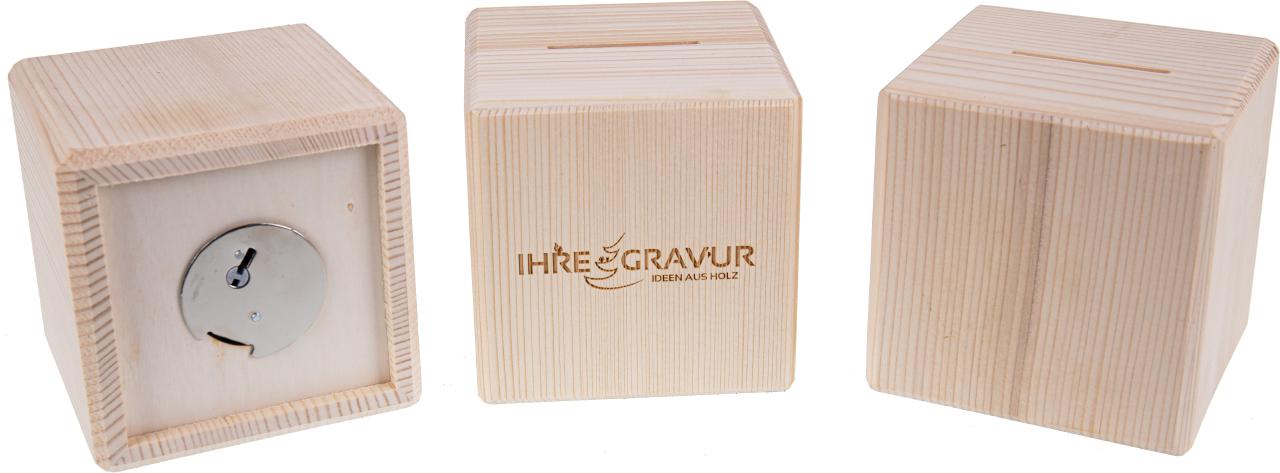 Holz Spardose Würfel 10 cm mit Metallschloss mit Ihrer Lasergravur individualisiert bis 80 cm²