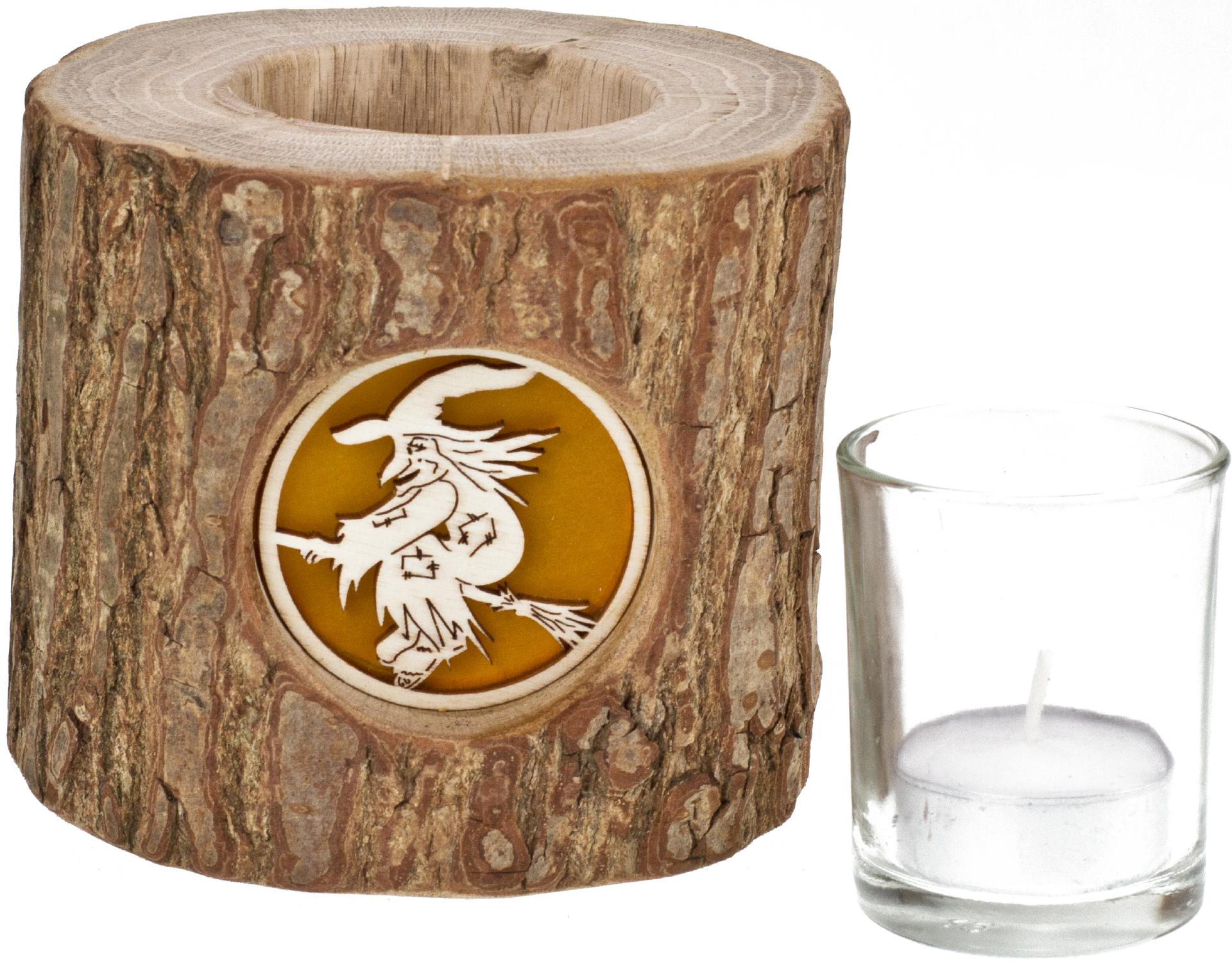 Holz Windlicht mit Rinde und hinterleuchteten Motiv Stimmungsleuchter Hexe