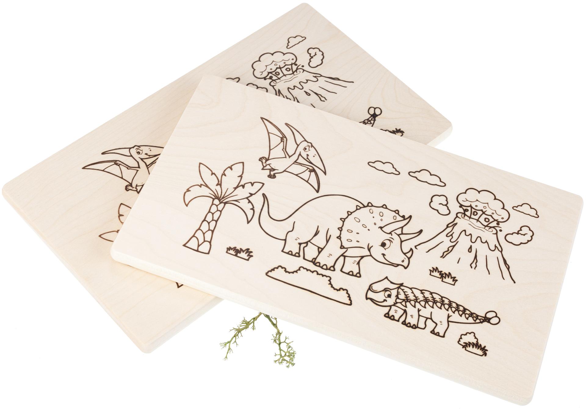 Frühstücksbrett Kinder FSC® Ahorn 26 x 15 x 1,2 cm - Dino Land mit Dinosauriern malbar