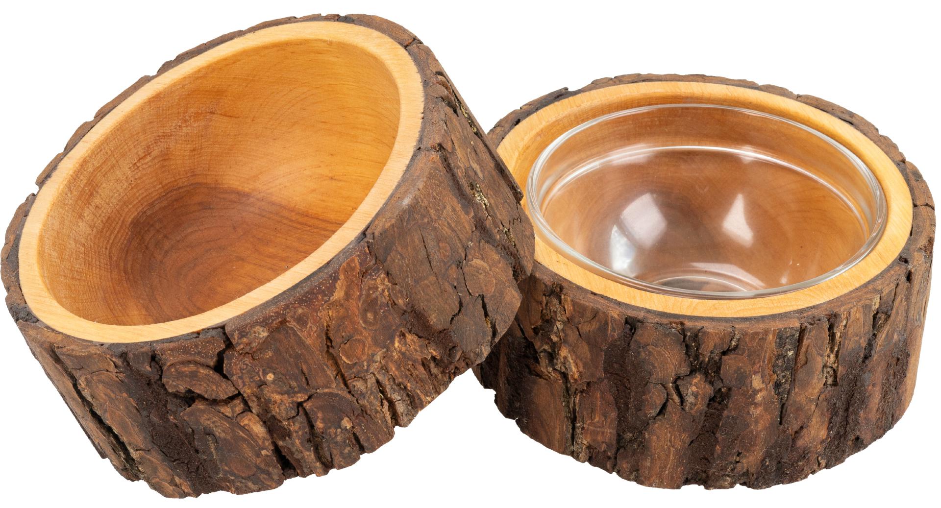 Handgefertigter Holz-Futternapf, Gravur  Katzen Tatze,  mit Glaseinsatz