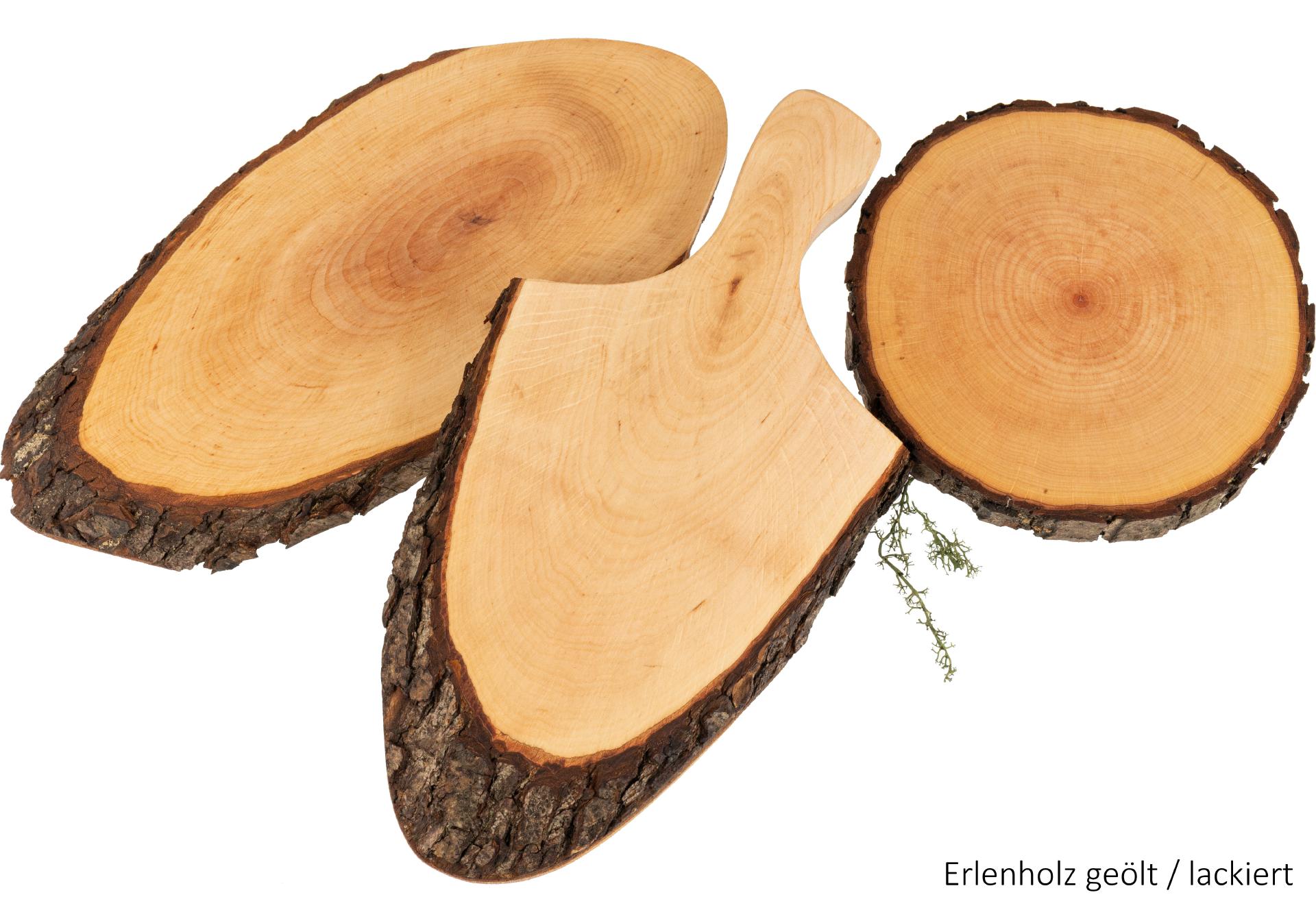 Baumscheibe aus Erle 9 -12 x 0,8 cm - Rindenscheibe rund lackiert