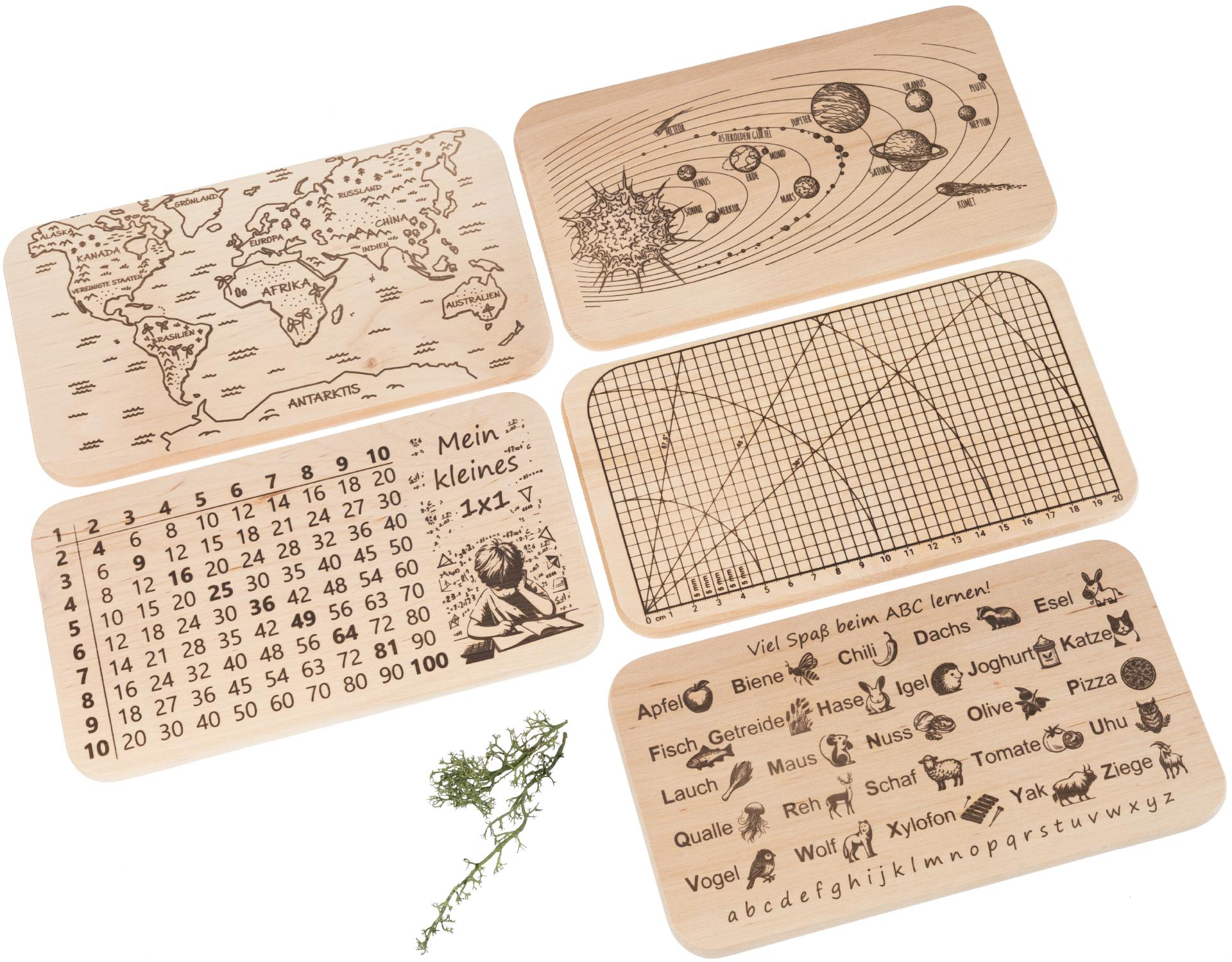 Lern Schneidebretter 5er Set für Kinder aus FSC® Erle 22,5 x 12,5 x 1,2 cm