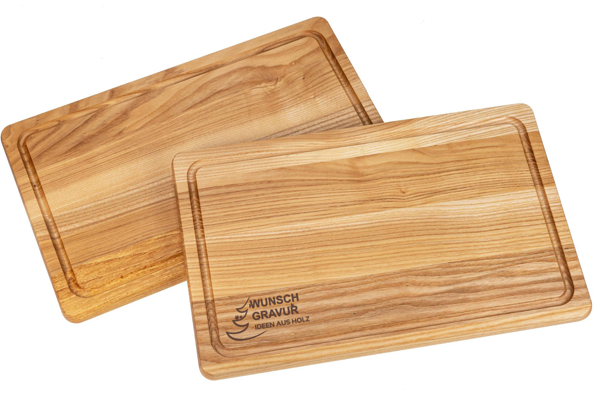 Personalisiertes groÃŸes Holz Schneidebrett mit Saftrille aus Kern Esche geoelt und Branding