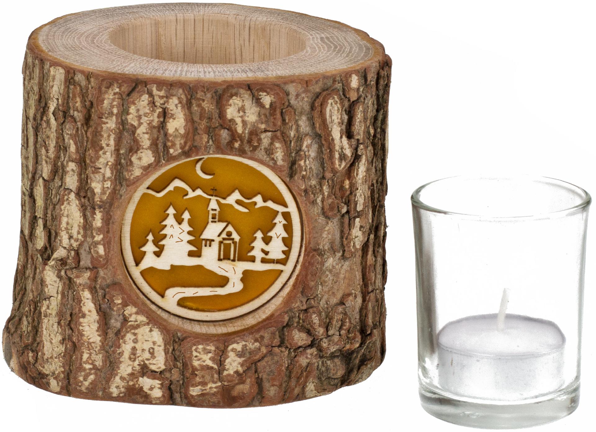 Holz Windlicht mit Rinde und hinterleuchteten Motiv Stimmungsleuchter Kirche im Wald