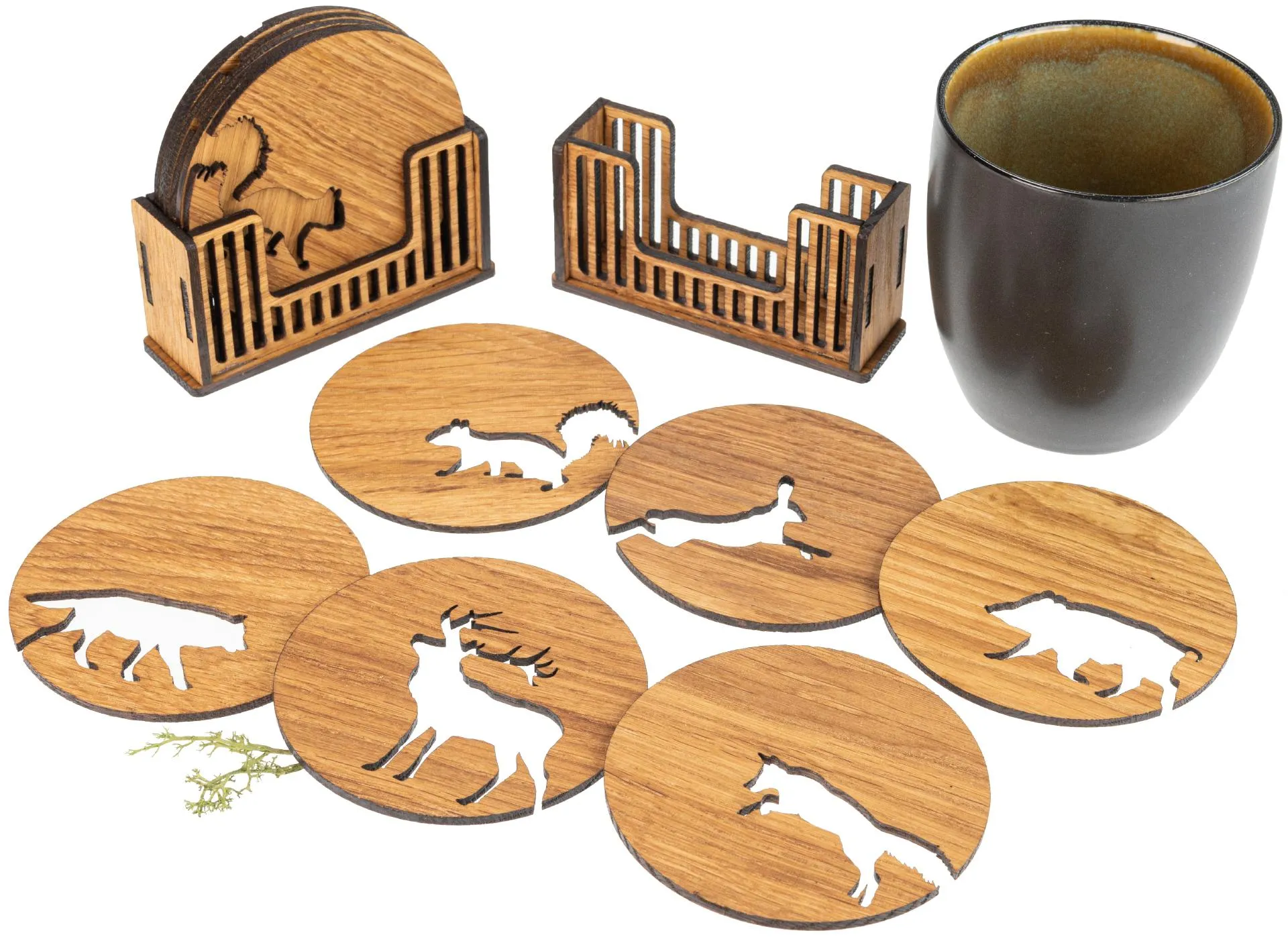 Glas Untersetzer 6er Set aus Eiche geölt mit Waldtiere Motiv