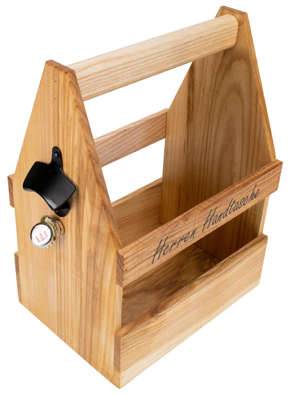Holz Biertraeger Esche massiv geoelt mit Flaschenoeffner schwarz und Magnet