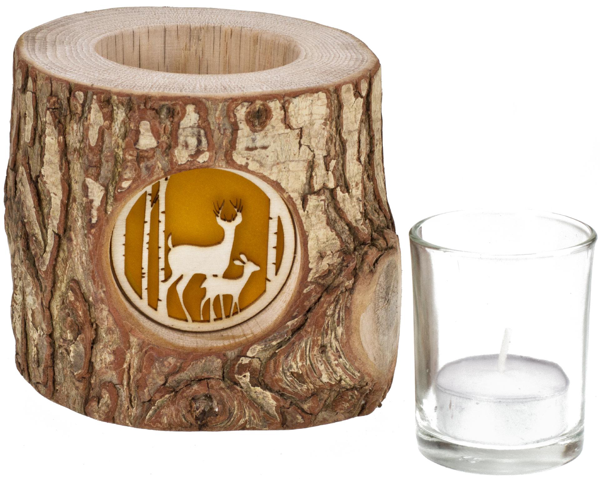 Holz Windlicht mit Rinde und hinterleuchteten Motiv Stimmungsleuchter Rehe im Birkenwald