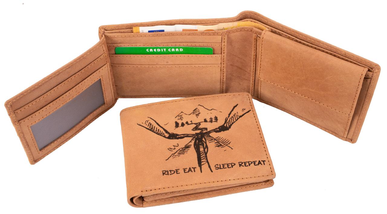 Leder Geldbeutel Geldboerse fuer Mountainbiker Ride Eat Sleep Repeat hellbraun natur