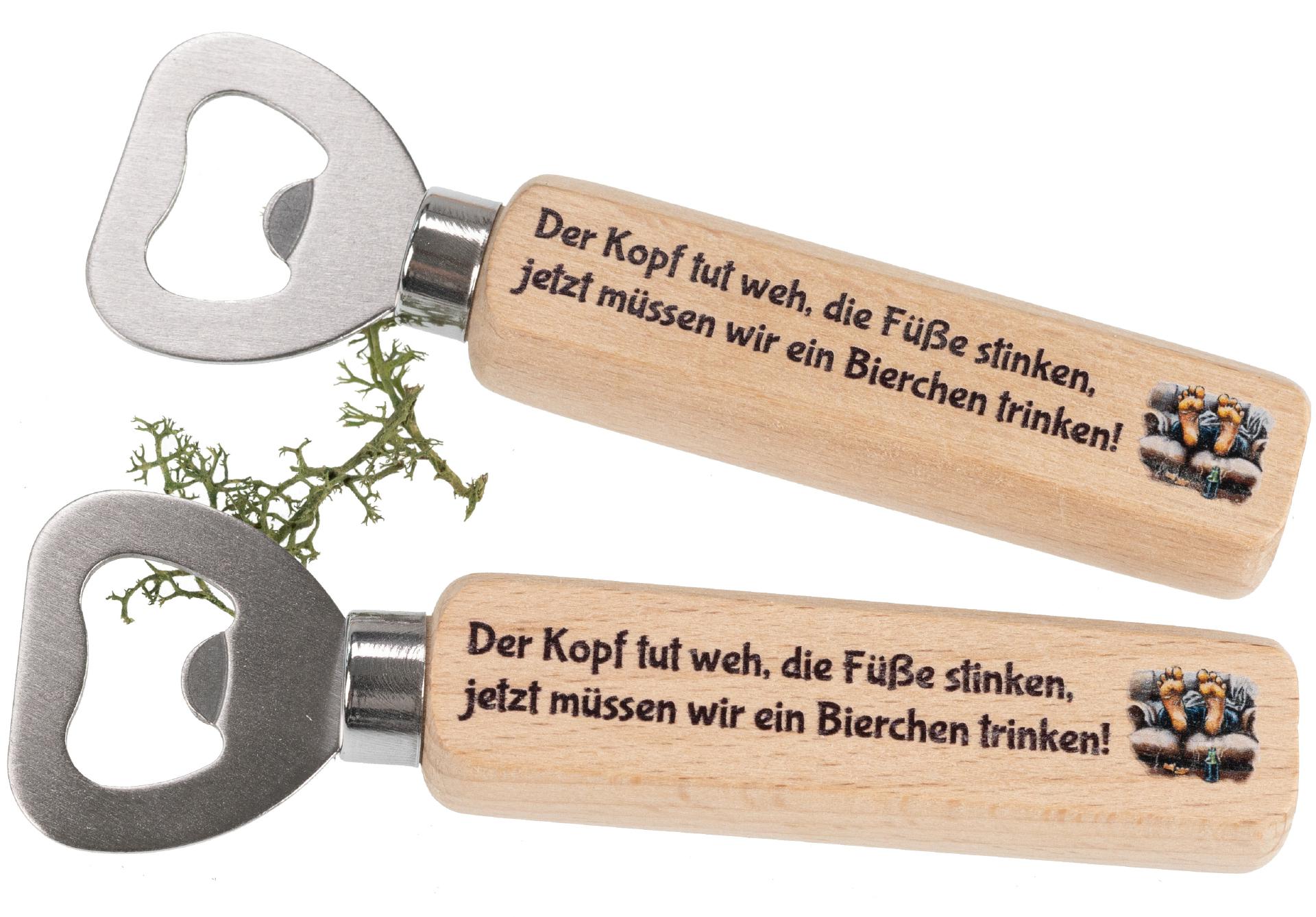 Flaschenöffner aus FSC® Buche mit Druck: Der Kopf tut weh