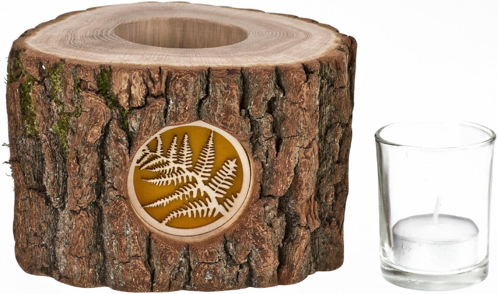 Holz Windlicht mit Rinde und hinterleuchteten Motiv Stimmungsleuchter Farn