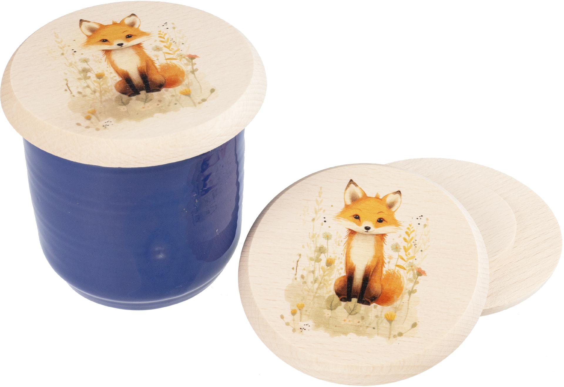 Glasabdeckung aus Buchen Holz fuer Kinder mit buntem Tiermotiv Fuchs