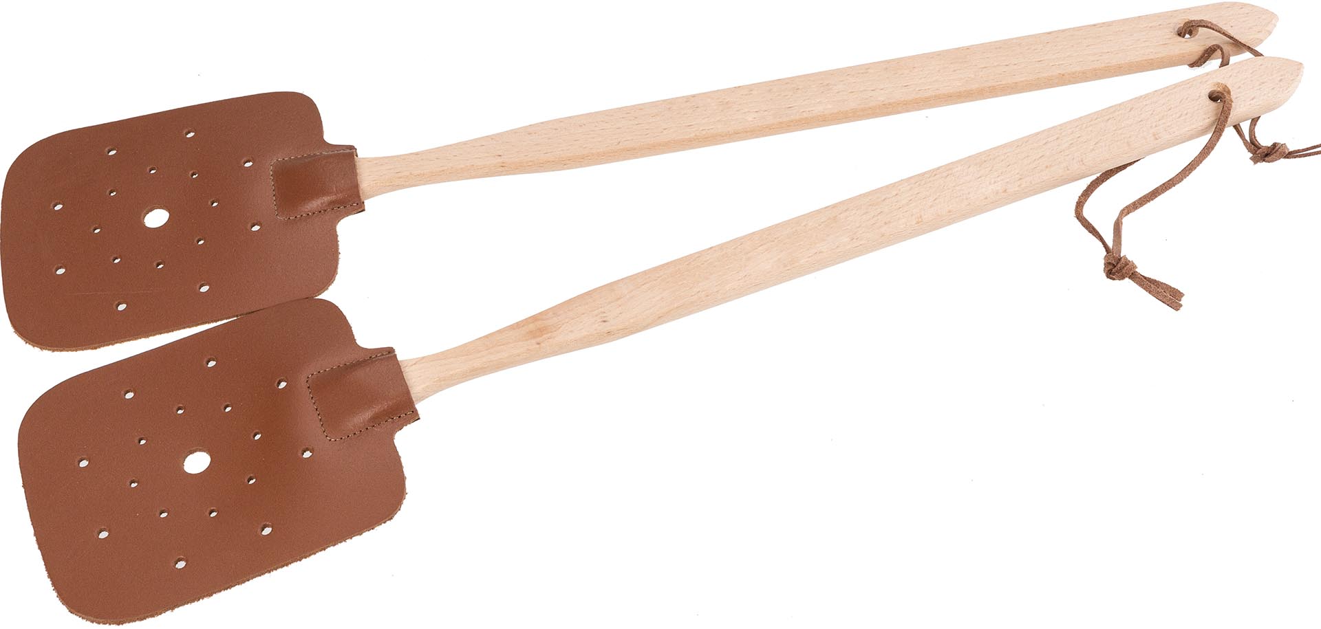 Fliegenklatsche aus Buche und Kunstleder mit großem Loch in der Mitte