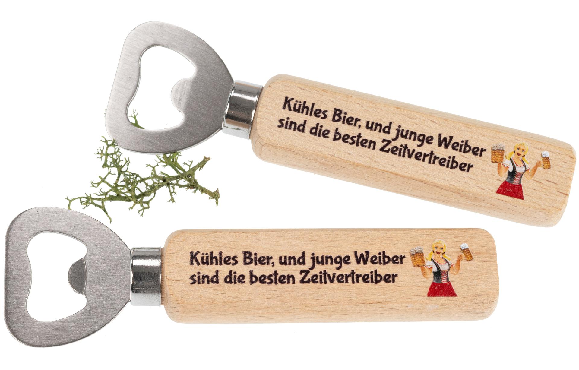Flaschenöffner aus FSC® Buche mit Druck: Kühles Bier und junge Weiber