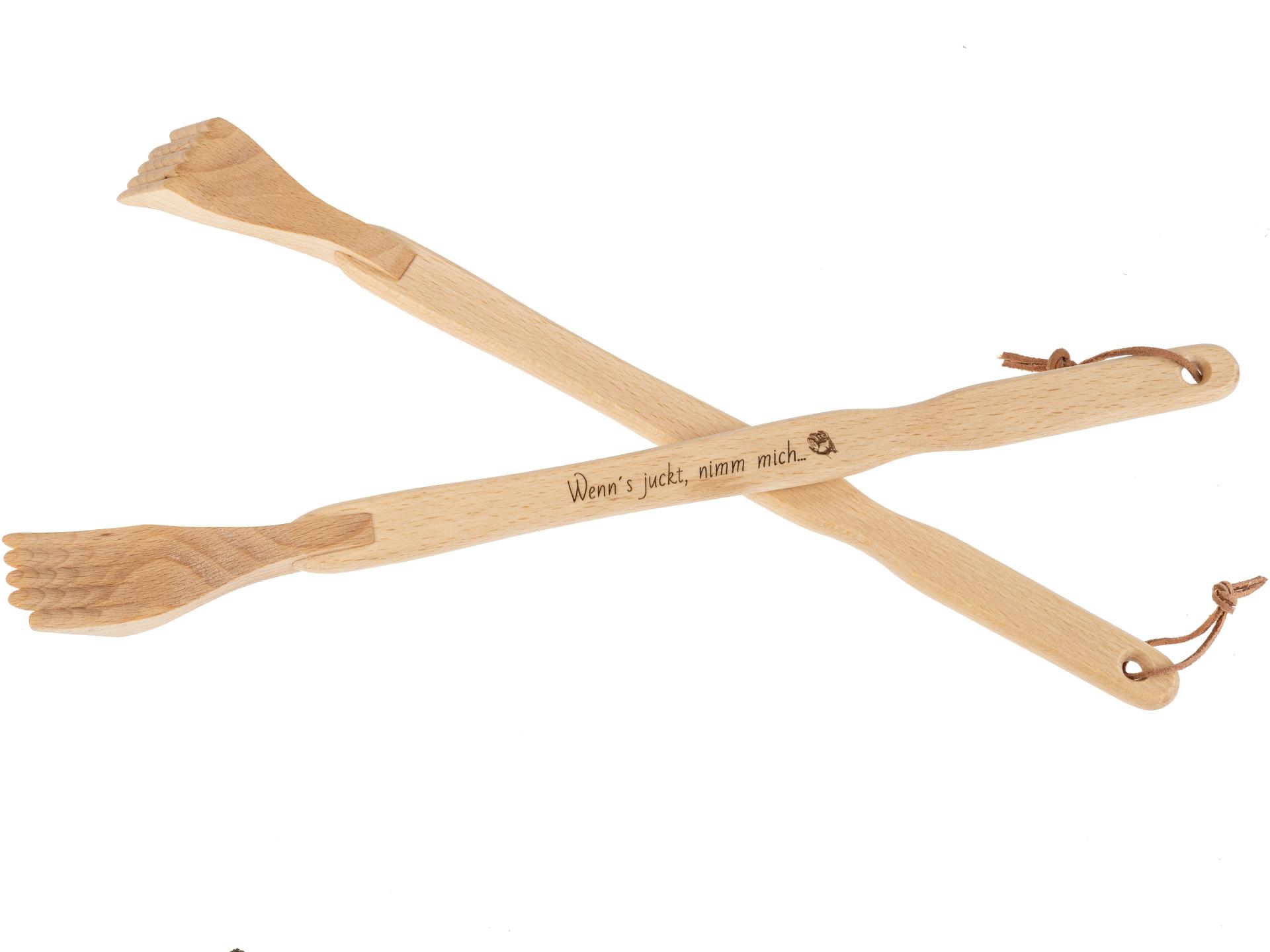 Hochwertiger Holz Rückenkratzer mit Lederband und Gravur "Wenns juckt, nimm mich..."