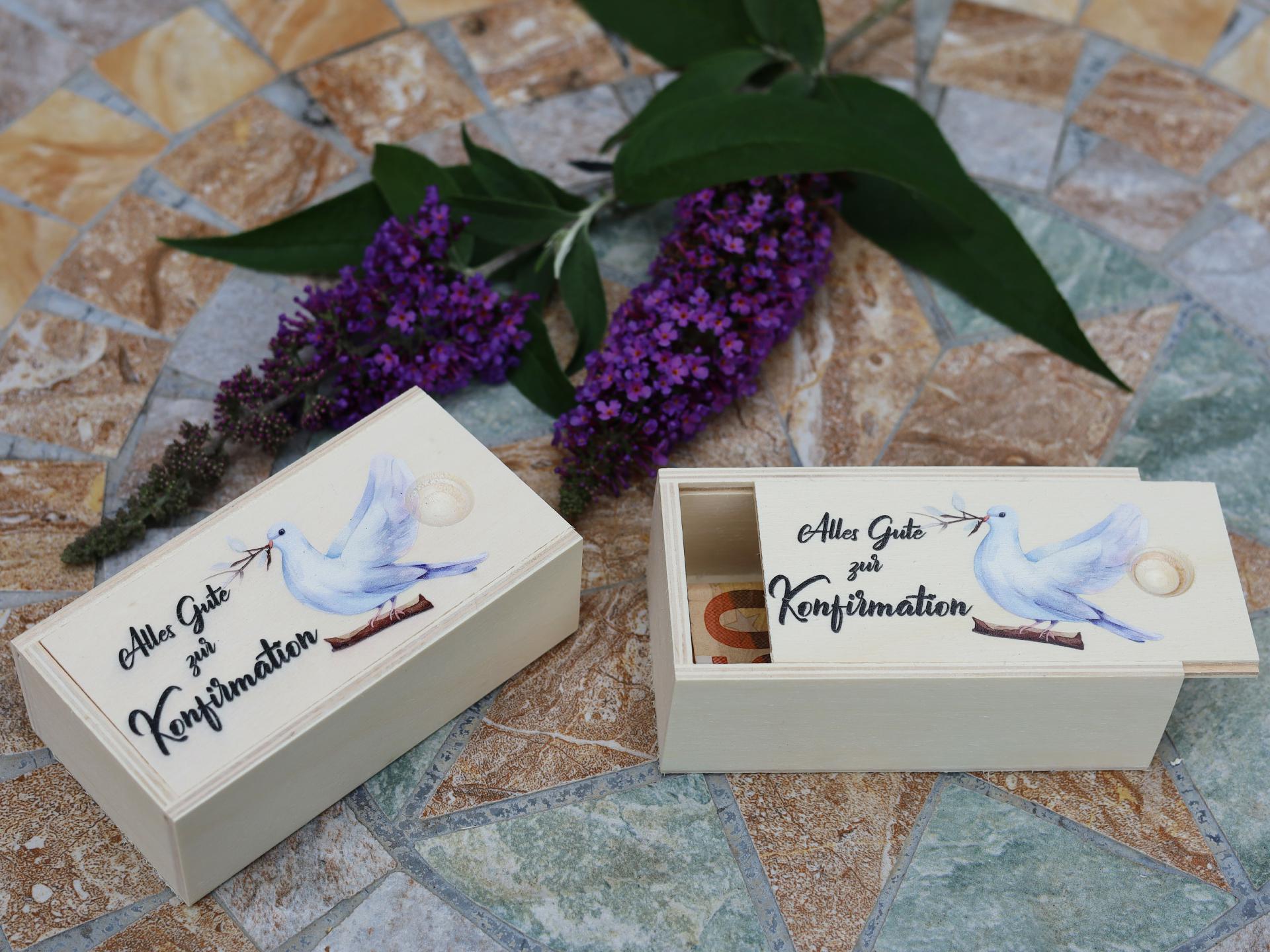 Holz Schiebedeckel Kiste fuer kleine Geschenke Alles Gute zur Konfirmation
