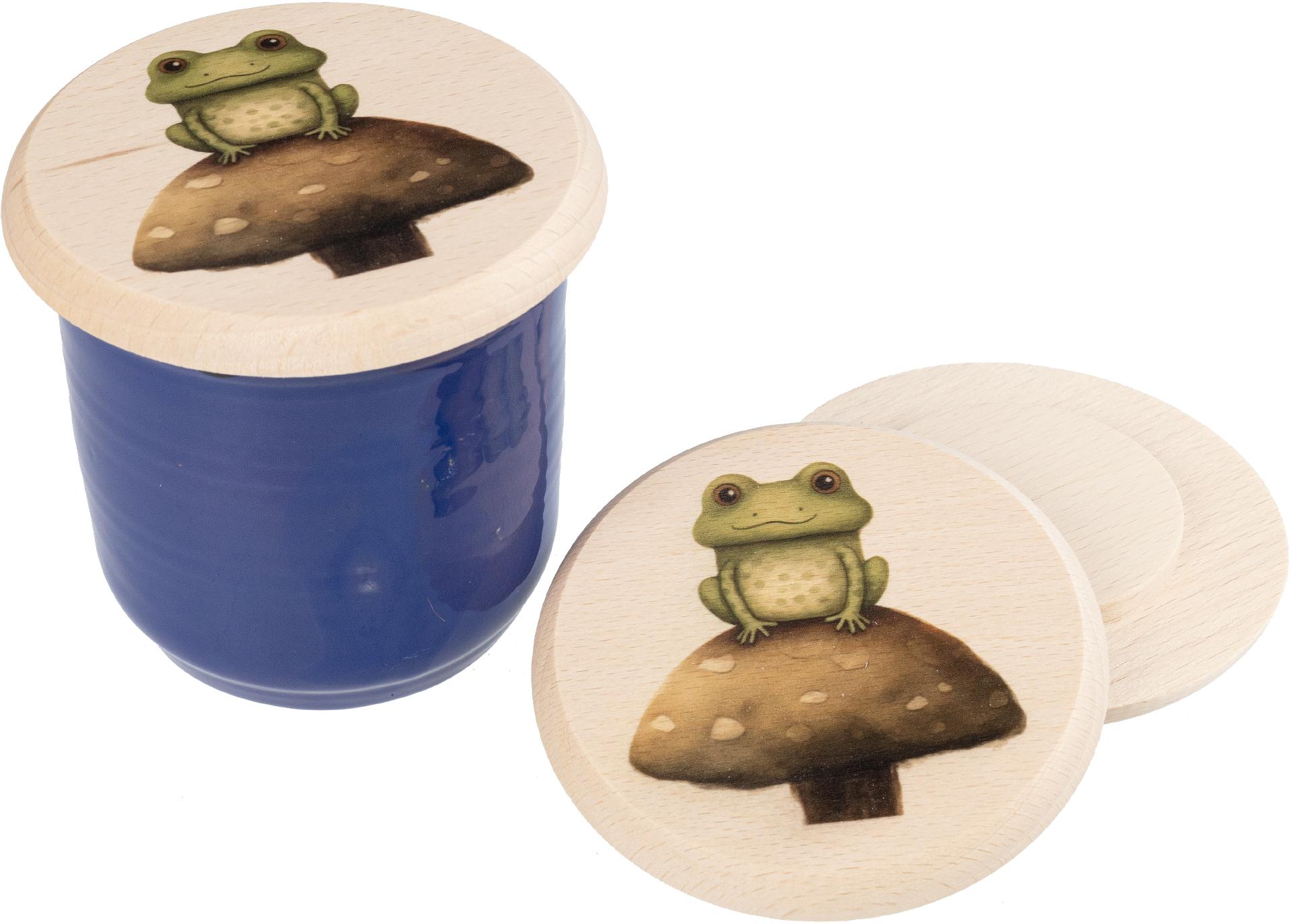 Glasabdeckung aus Buchen Holz fuer Kinder mit buntem Tiermotiv Frosch