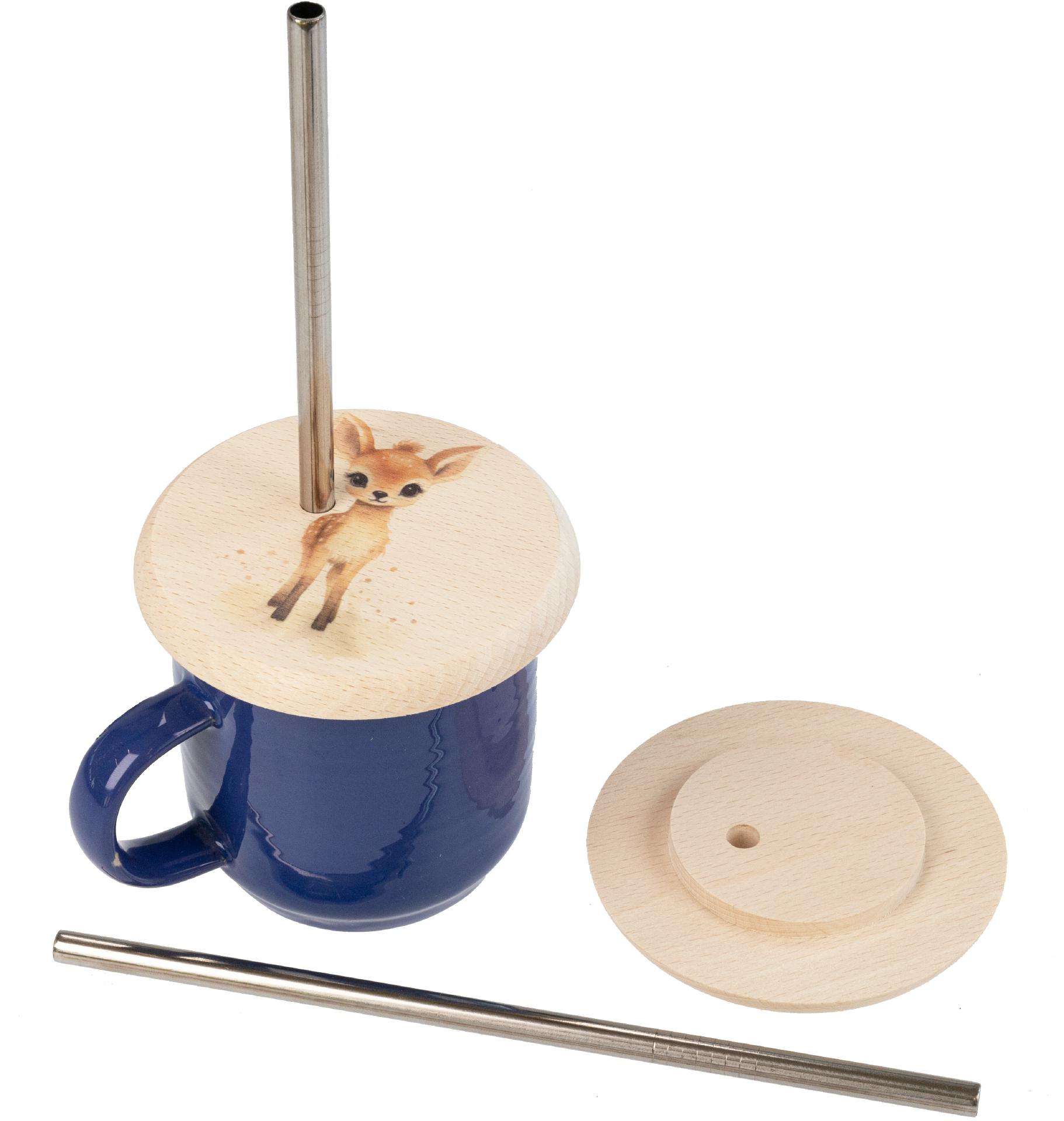 Glasabdeckung Buchen Holz mit VA Strohhalm mit buntem Tiermotiv Reh