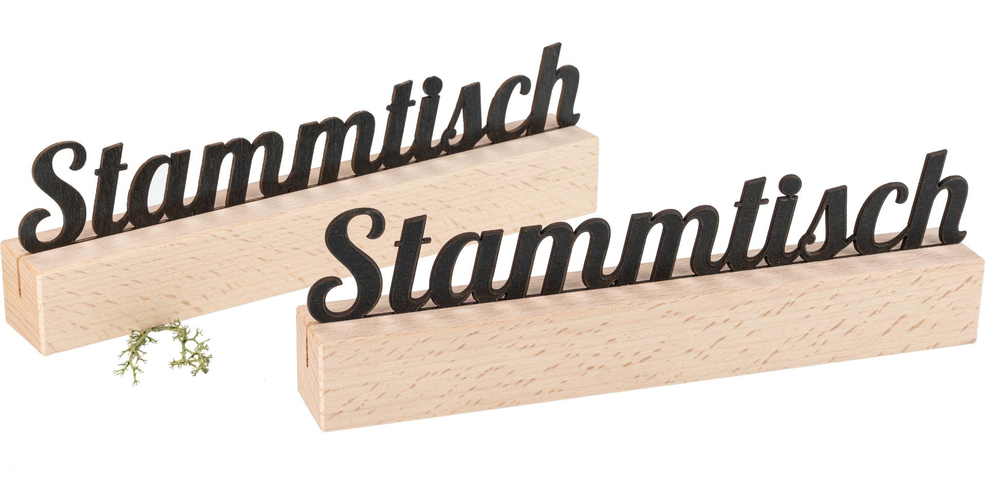 Holz Tischaufsteller aus Buche mit Kreidetafel - Stammtisch Schriftzug