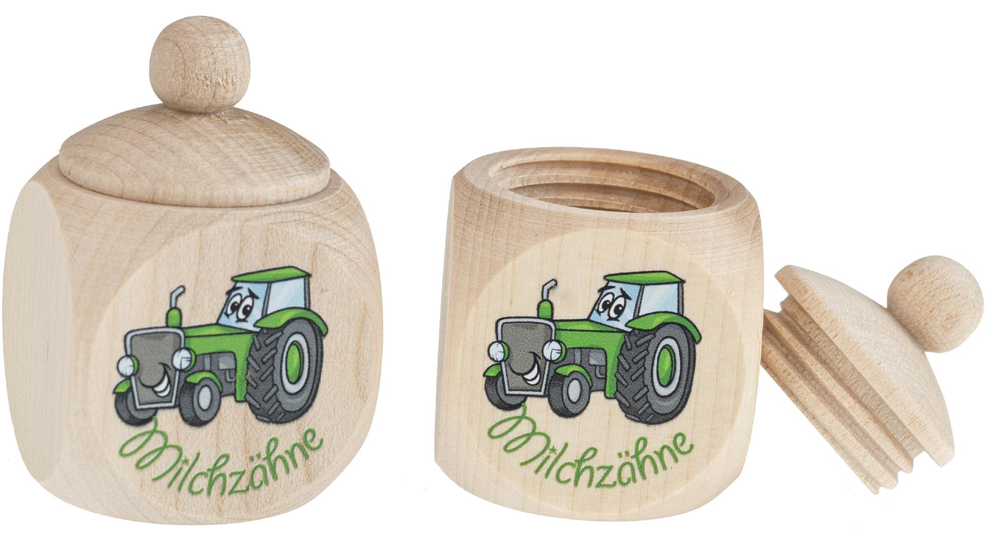 Ahornholz Milchzahndose mit UV Druck Traktor Zahnbox zur Aufbewahrung von Kinderzaehnen