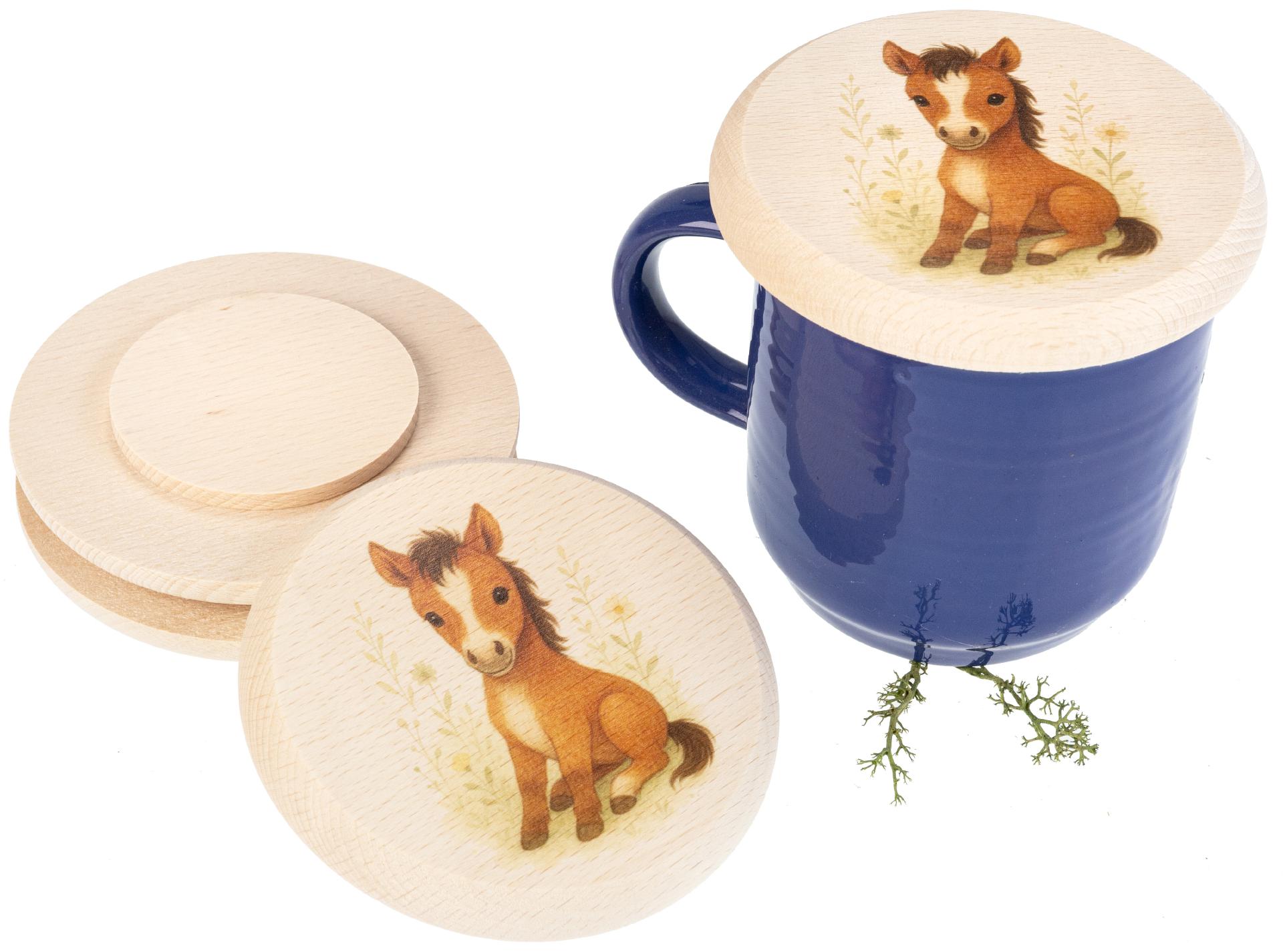 Holz Glasabdeckung aus FSC® Buche für Kinder mit buntem Tiermotiv Pferd