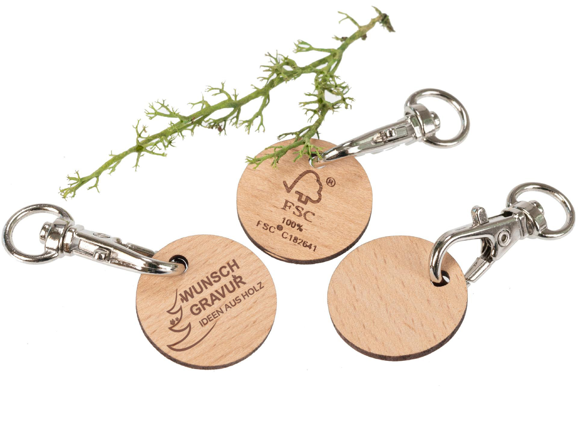 Einkaufswagenchip aus Buchenholz mit Karabiner- FSC® zertifiziert mit Ihrer Wunschgravur beidseitig