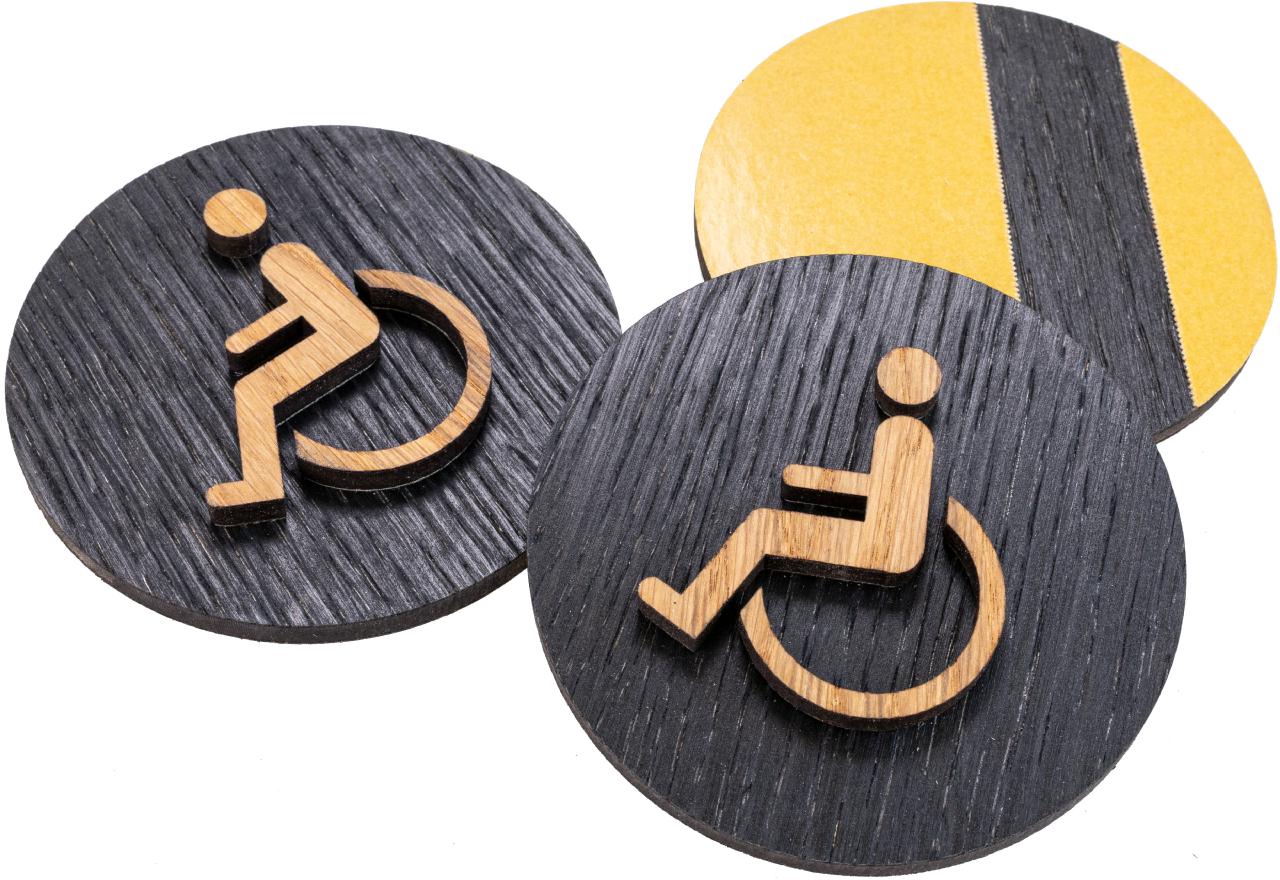 Tuerschild selbstklebend Eiche geoelt auf Eiche schwarz Rollstuhlfahrer FSC