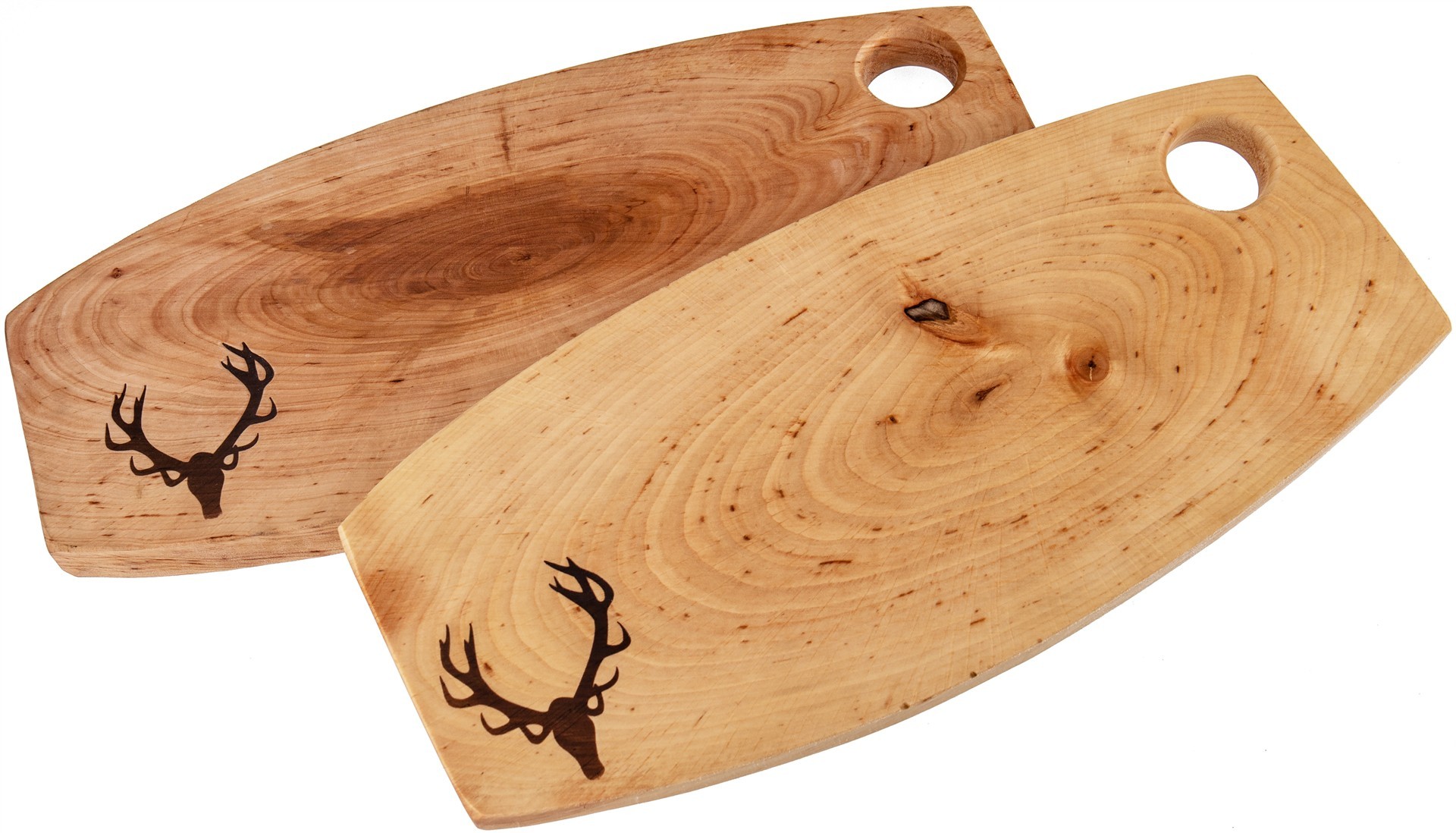 Holz Brotzeitbrett rustikal mit Griffloch aus Erle geölt ca. 44-50 cm - mit Branding Geweih