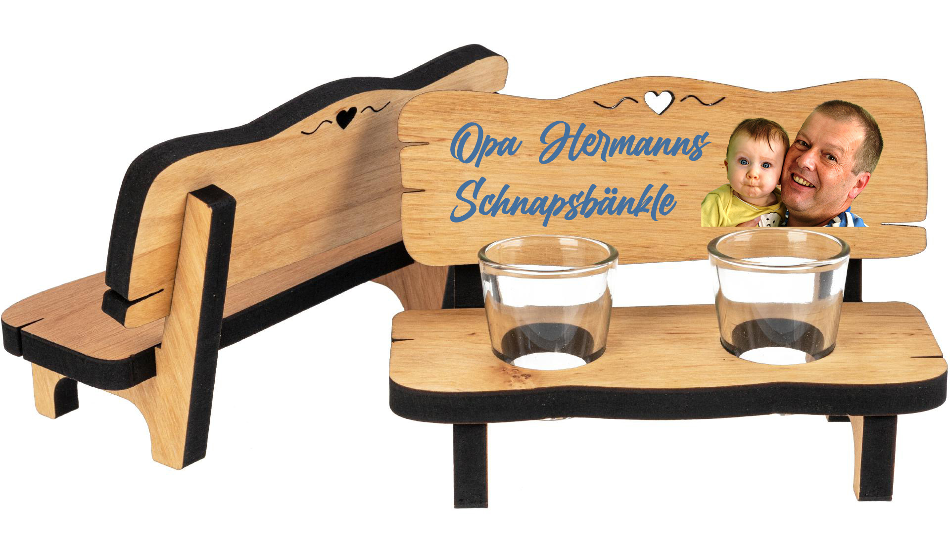 Schnapsbank aus Erle geoelt mit Glaesern und Ihrem Wunsch UV Druck mit zwei Glaesern