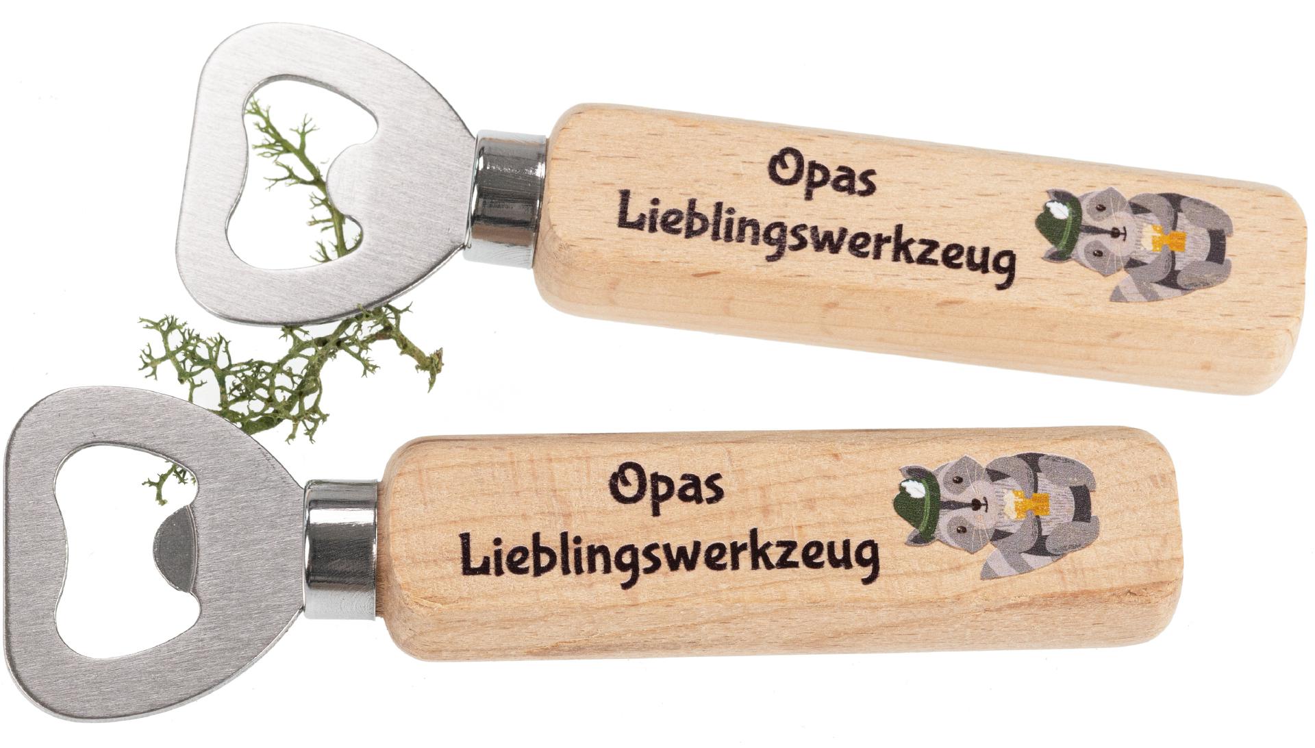 Flaschenöffner aus FSC® Buche mit Druck: Opas Lieblingswerkzeug