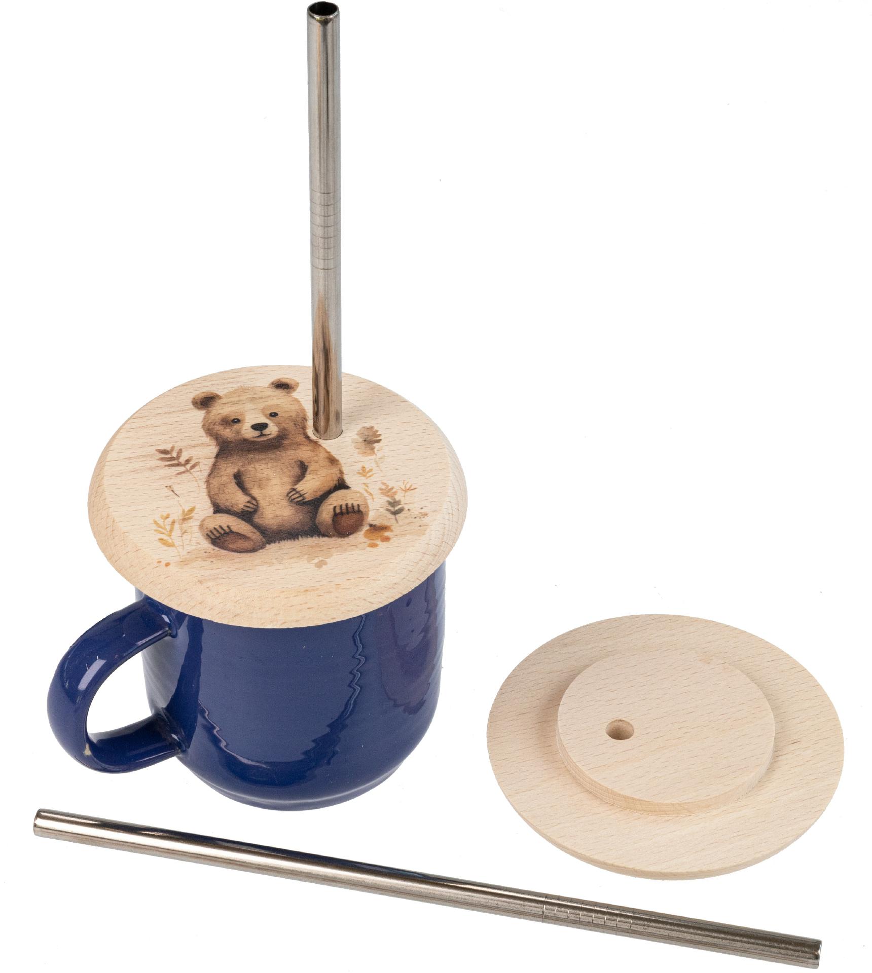 Glasabdeckung Buchen Holz mit VA Strohhalm mit buntem Tiermotiv Baer