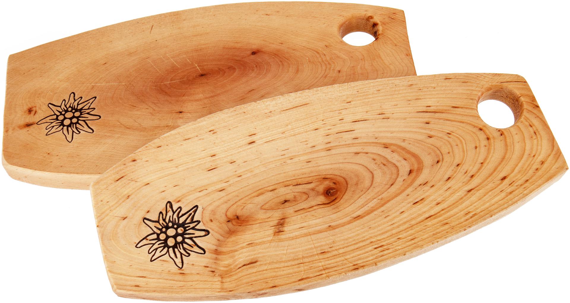 Holz Brotzeitbrett rustikal mit Griffloch aus Erle geölt ca. 44-50 cm - mit Branding Edelweiß
