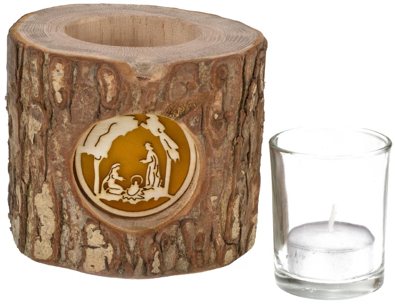 Holz Windlicht mit Rinde und hinterleuchteten Motiv Stimmungsleuchter Heilige Familie