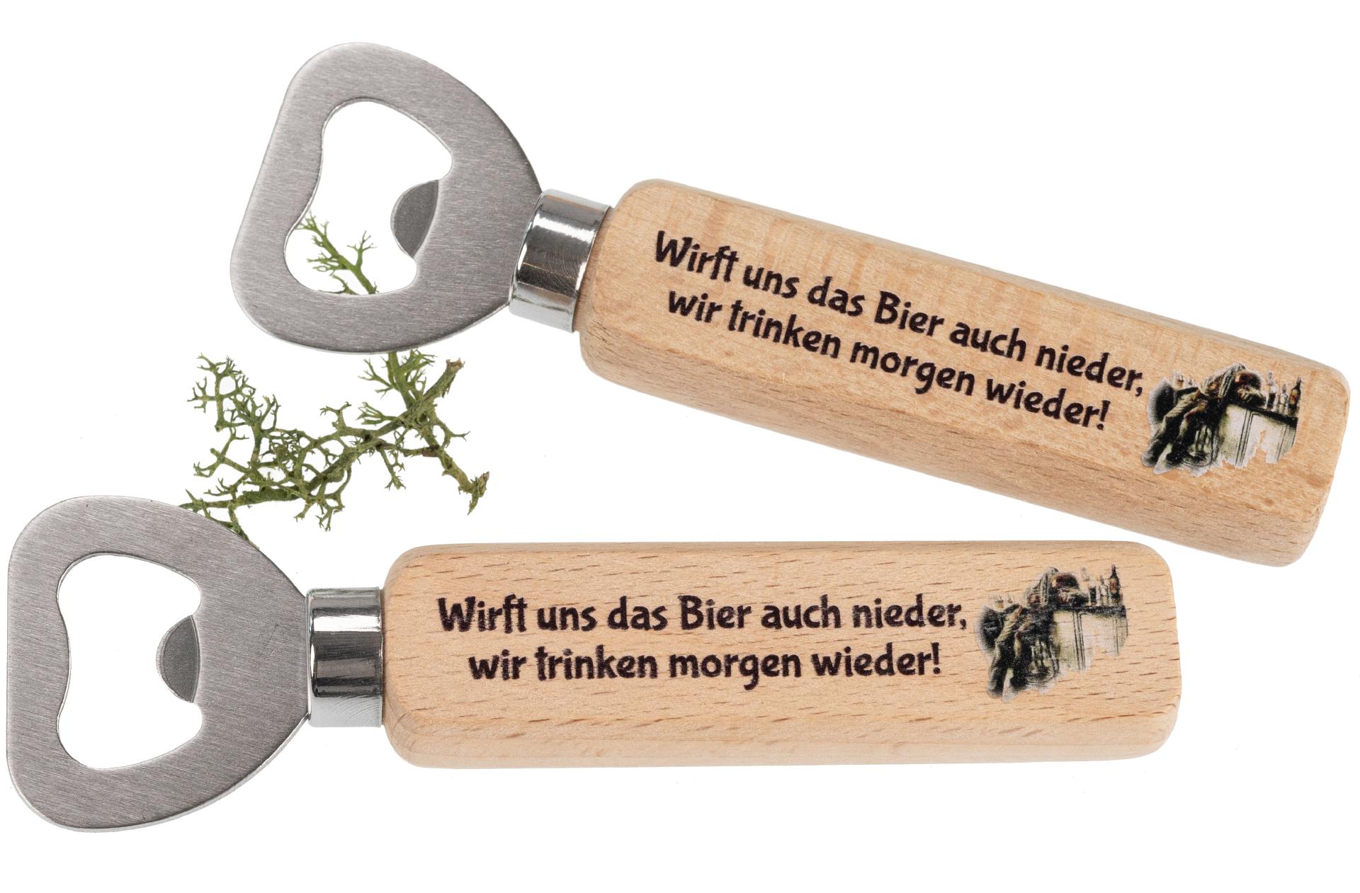 Flaschenöffner aus FSC® Buche mit Druck: Wirft uns das Bier