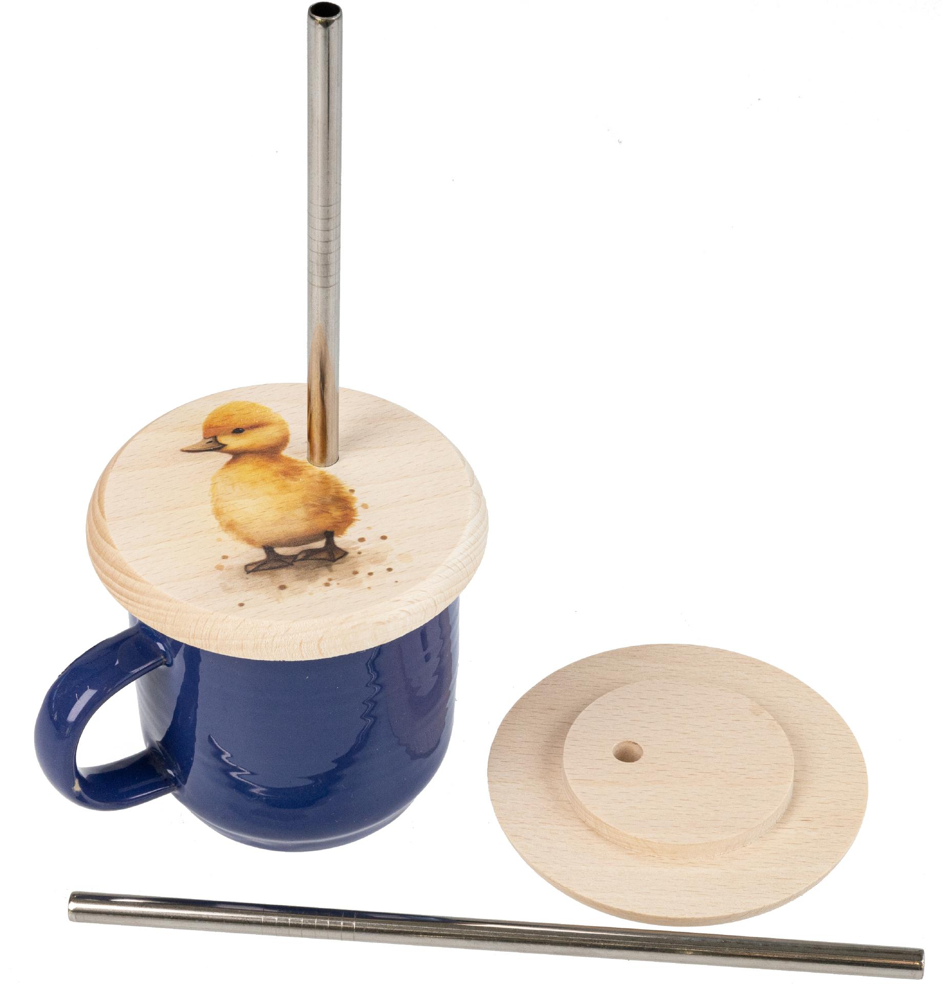 Glasabdeckung Buchen Holz mit VA Strohhalm mit buntem Tiermotiv Kuecken