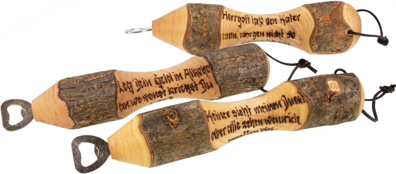 GroÃŸer Flaschenoeffner Buche gedrechselt mit Trink Spruechen handgebrannt