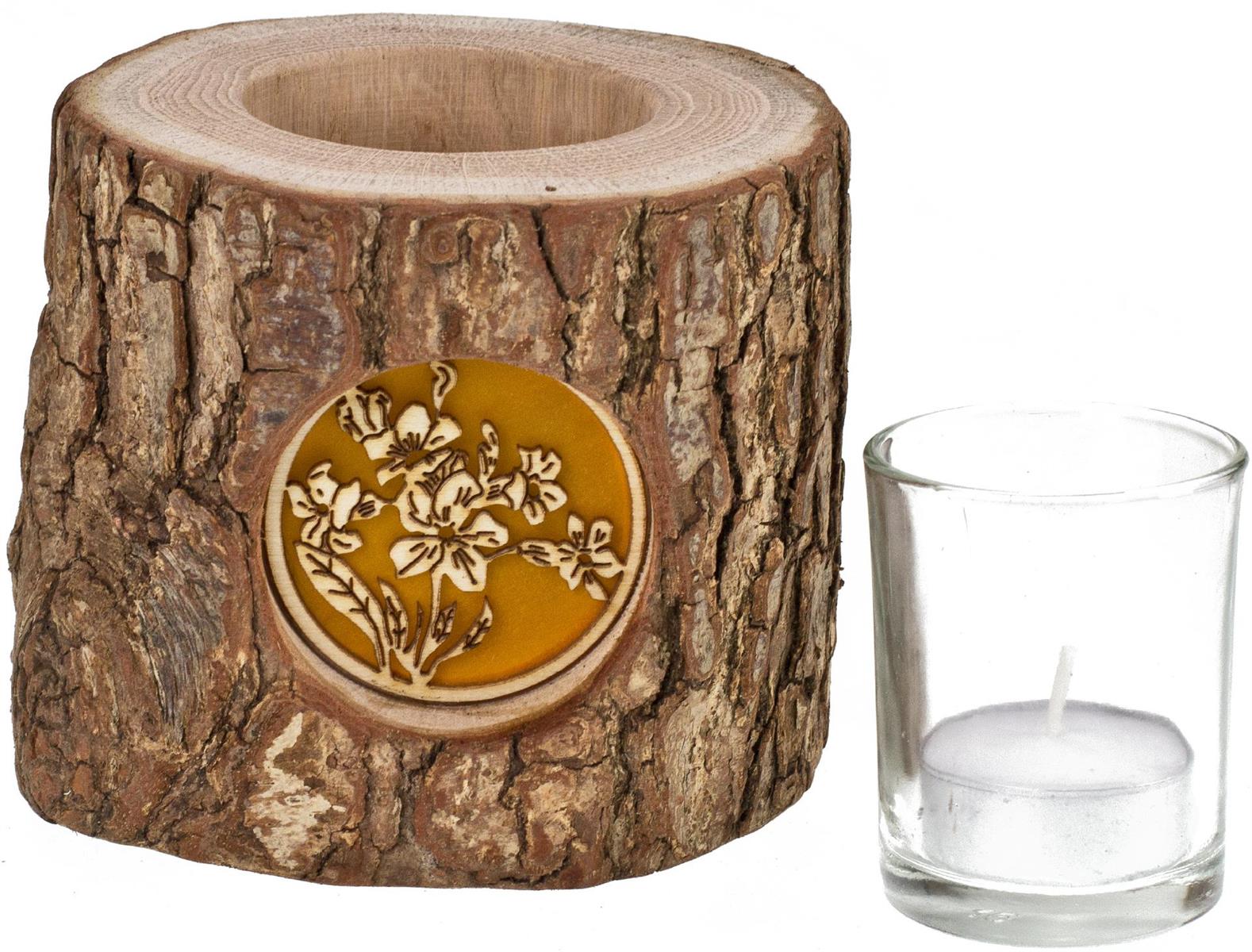 Holz Windlicht mit Rinde und hinterleuchteten Motiv Stimmungsleuchter Alpenrose