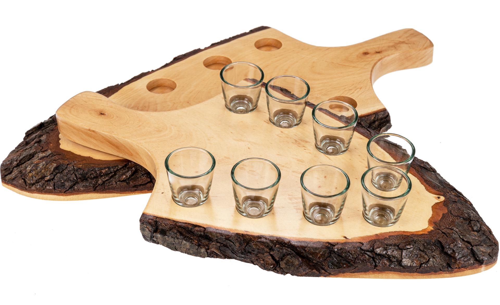 Schnapsbrett / Griffbrett aus Erle mit Rinde lackiert mit 8 Schnapsgläser - L: 42-56 cm