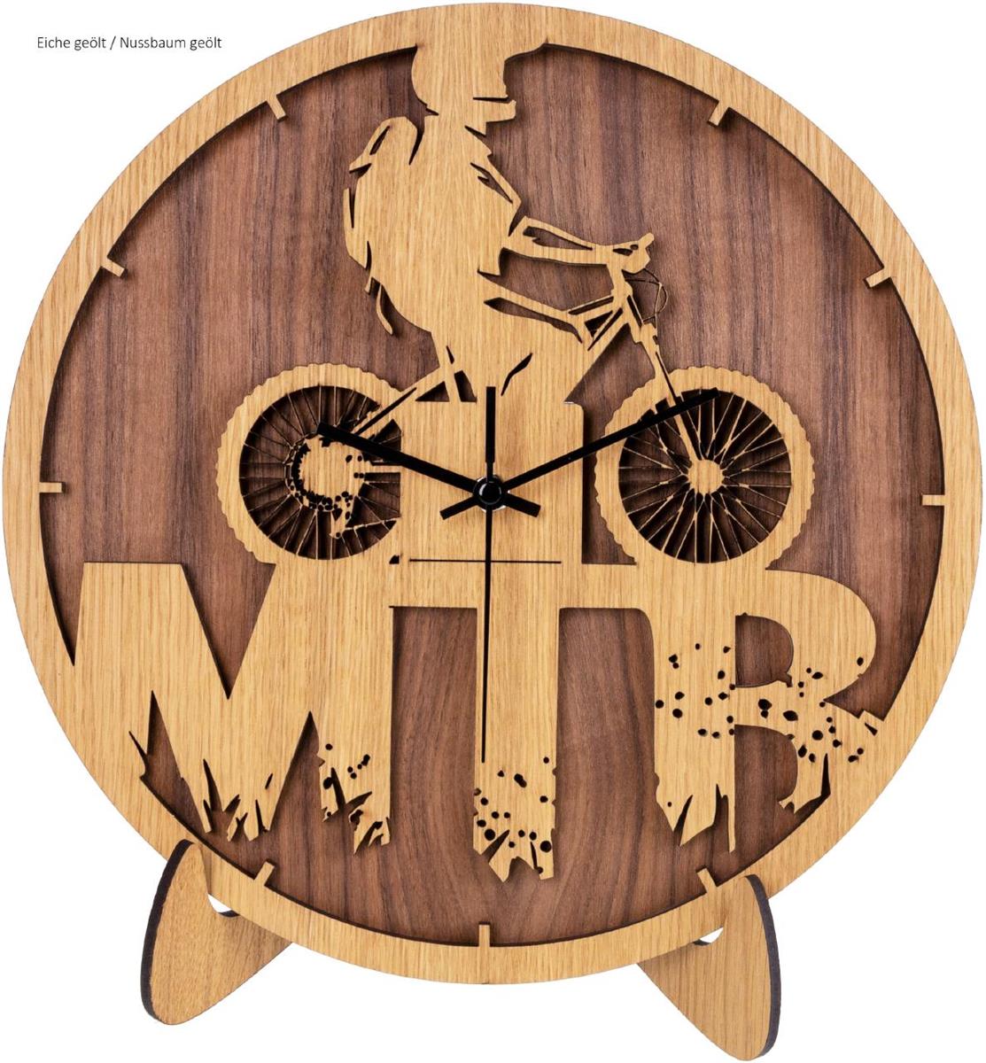 Mountainbike MTB Wanduhr aus Wunschholz mit geraeuschlosem Funk Uhrenwerk