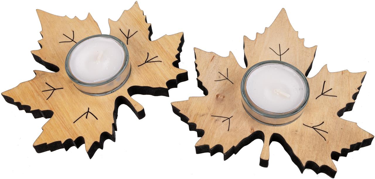 Teelichthalter aus Erlenholz mit Glaseinsatz Herbstdeko Ahornblatt