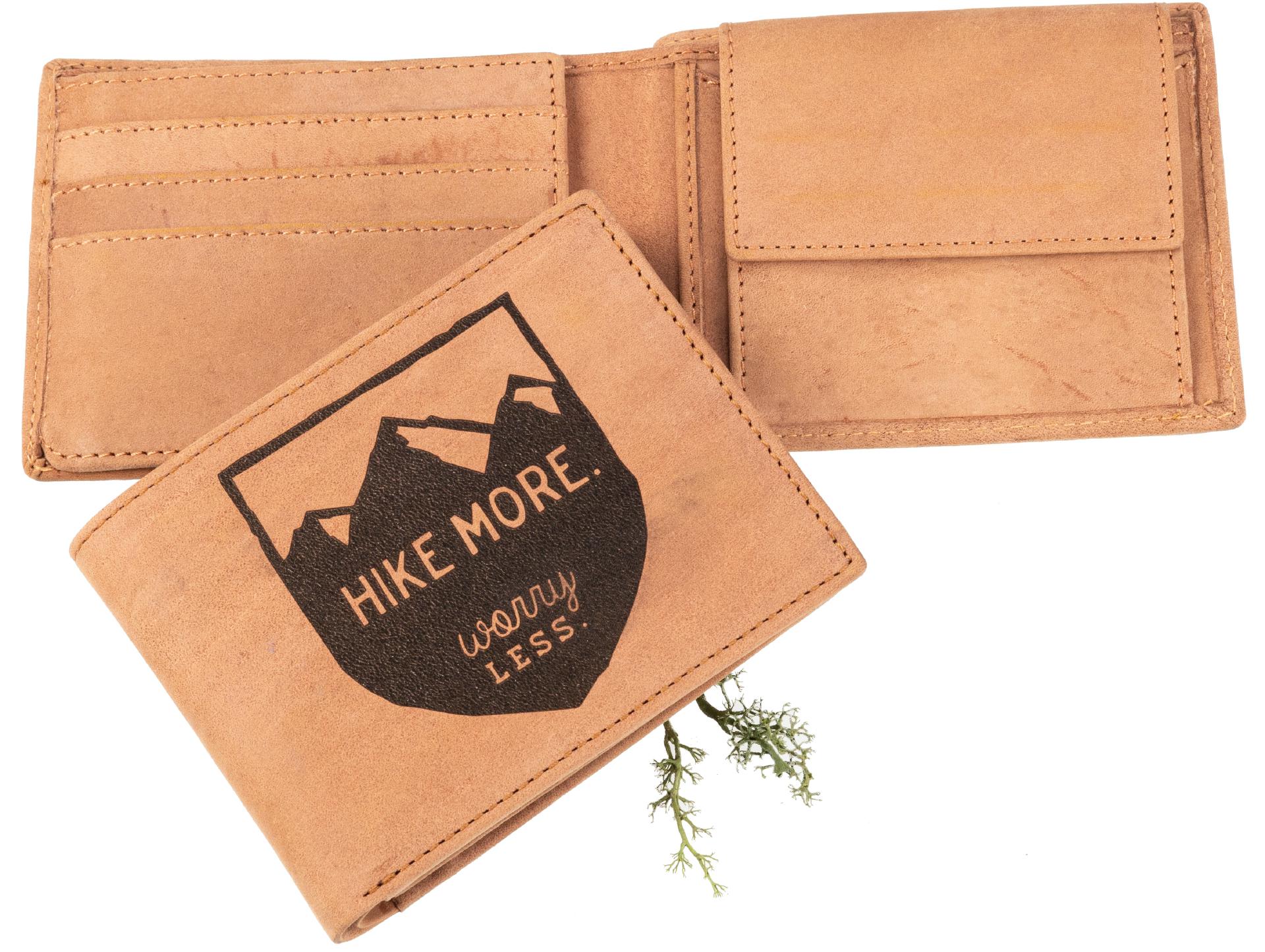 Leder Geldbeutel - Geldbörse für Wanderer - Hike More Worry Less hellbraun